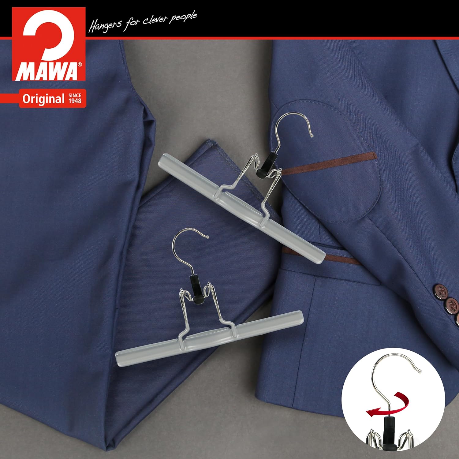 Mawa by Reston Lloyd Non-Slip Space-Saving Clothes Hanger with Clamp for Pants and Skirts, Style M/26, Set of 6, Silver