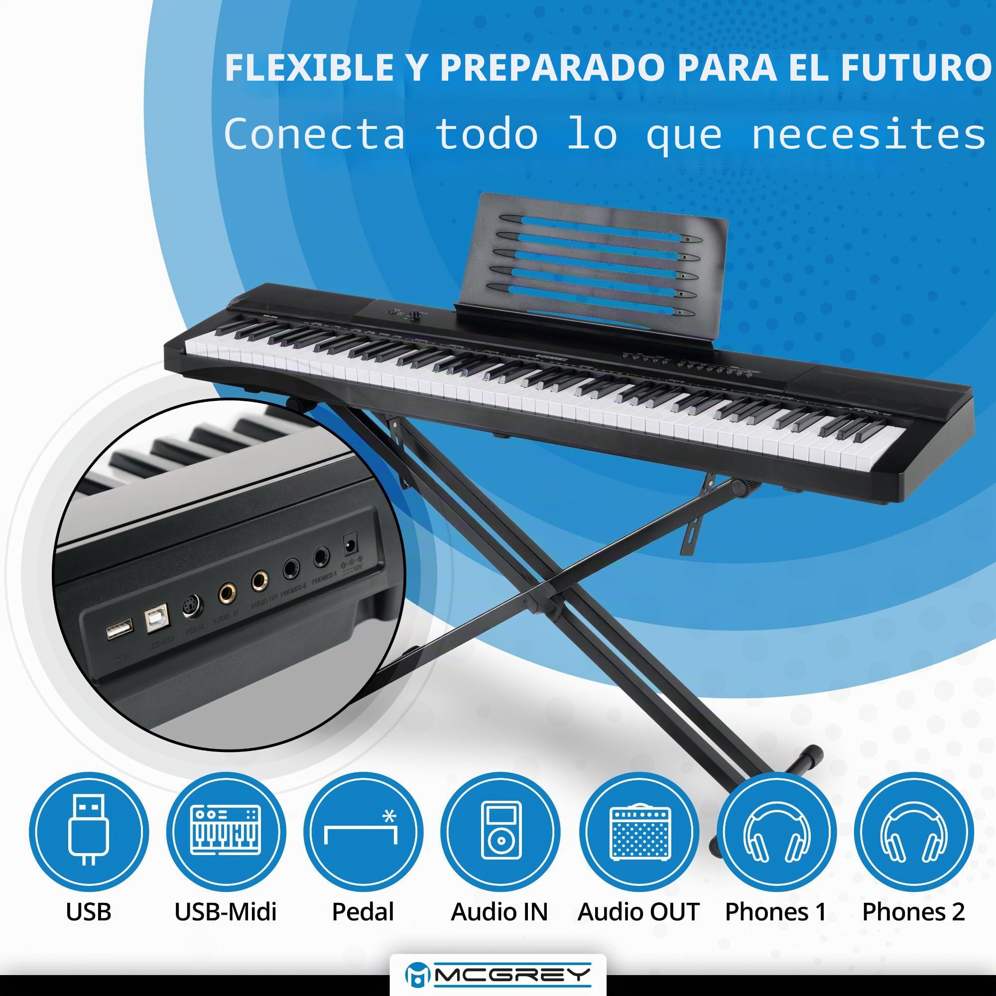 McGrey SK-88 piano digital super kit - Teclado electrònico de nivel básico con aspecto de piano de escenario y 88 teclas - 146 sonidos - incluye pedal, soporte, taburete y auriculares - Negro