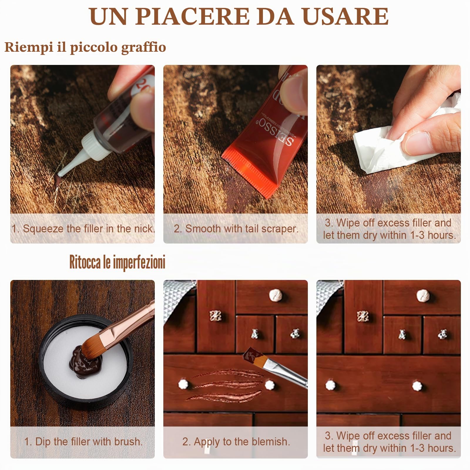 SEISSO Kit di riparazione di mobili, kit di riparazione di pavimenti in legno, kit di ritocco per mobili, riparatori di graffi, porta, pavimento