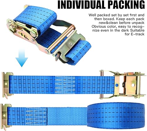 Miniatura 5 de 4 correas de trinquete E-Track de 2 pulgadas x 20 pies, correas de amarre de poliéster azul resistente, accesorios de resorte E-Track, correa de
