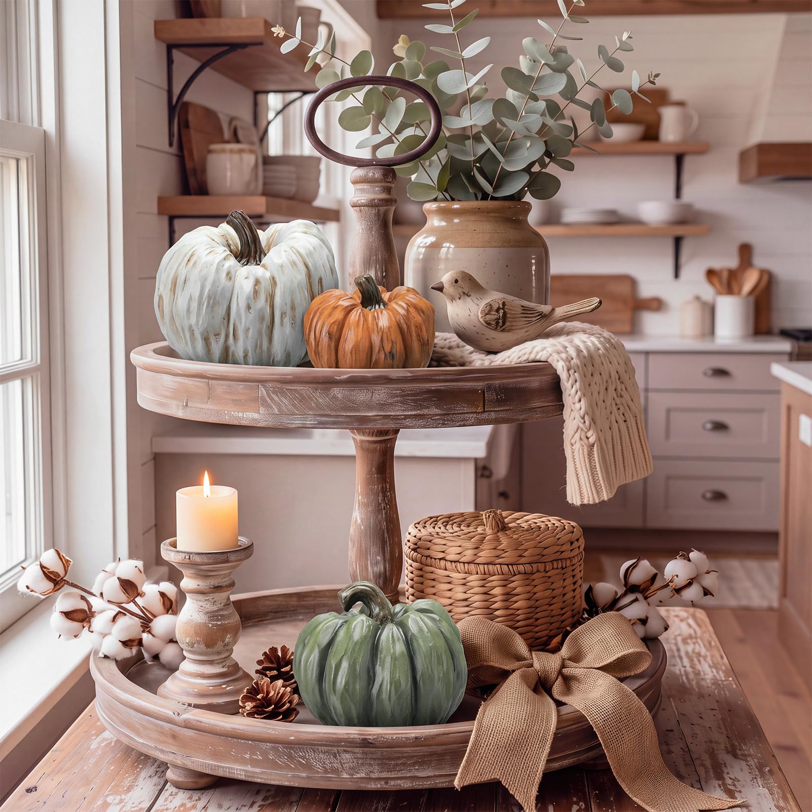 Gerrii Lot de 3 citrouilles d'automne neutres en résine rustiques modernes pour décoration de maison de Thanksgiving, centres de table d'Action de grâce, blanc, vert, orange, imitation citrouille