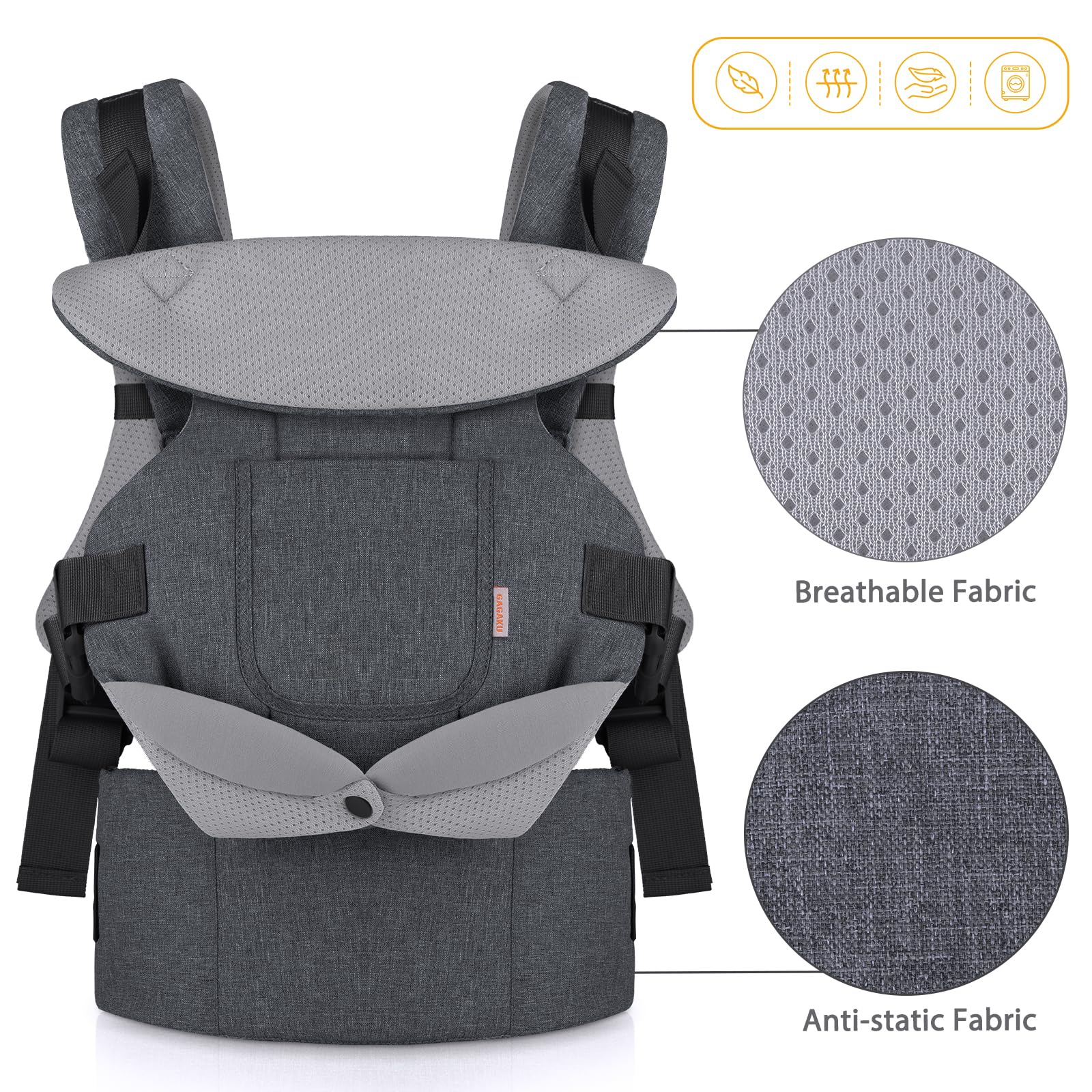 GAGAKU Porte-bébé pour bébés et tout-petits de 0 à 36 mois, Advanced 4-en-1 Porte bebe Facile à porter en position face à face vers l'avant et vers l'arrière pour enfants-Gris foncé - 4
