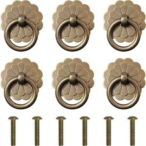 6 tiradores de anillo de cajón de estilo vintage de 1.0 in, manijas decorativas vintage, tiradores de anillo de latón para muebles de cocina,