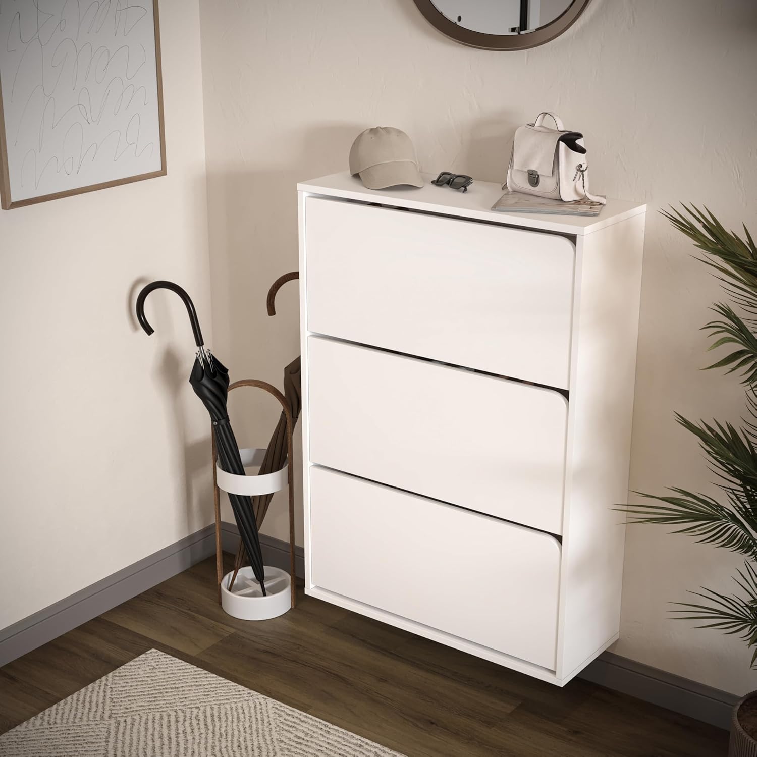 Floating Shoe Cabinet - Space Saver Shoe Rack for Entryway with 3 Flip Drawers, Built-in Handle Design - Elegant Shoe Storage Cabinet for Entryway Large Capacity 31.5Wx11.65Dx44.5H (White)
