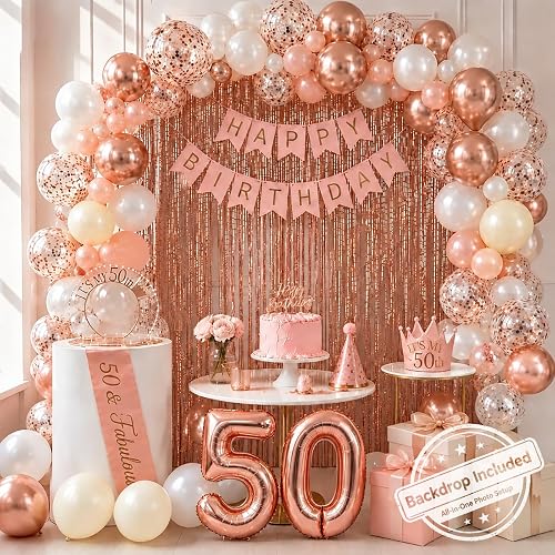 50th Birthday Decorations for Her- Rose Gold 50th Birthday Decorations Include Banner, Fringe Curtains, Latex Balloons, Crown, Sash, Cake Topper & Number Balloon for Lady BD Party Decor