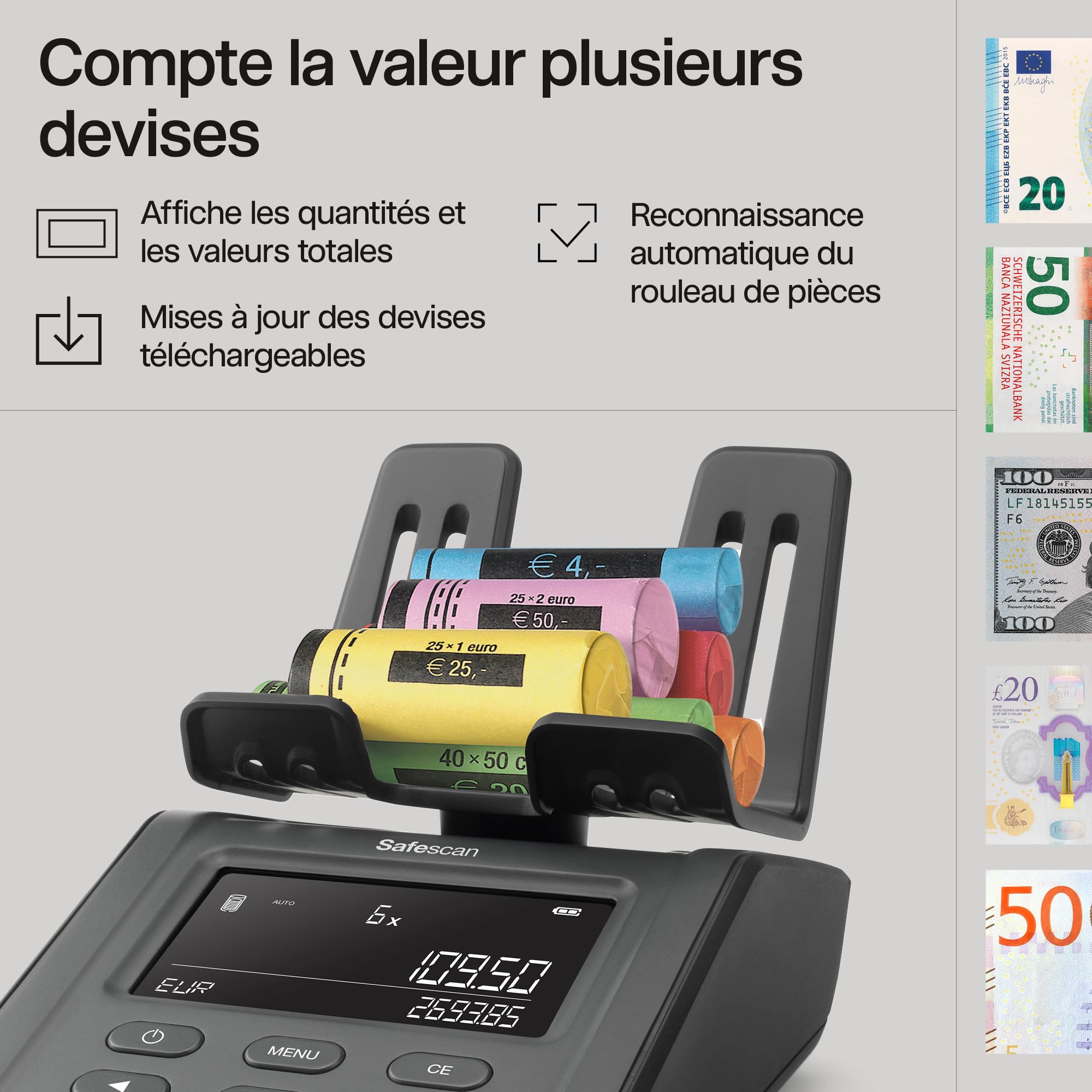 Safescan 6175 compteuse de pièces et billets avec reconnaissance automatique du rouleau de pièces et balance