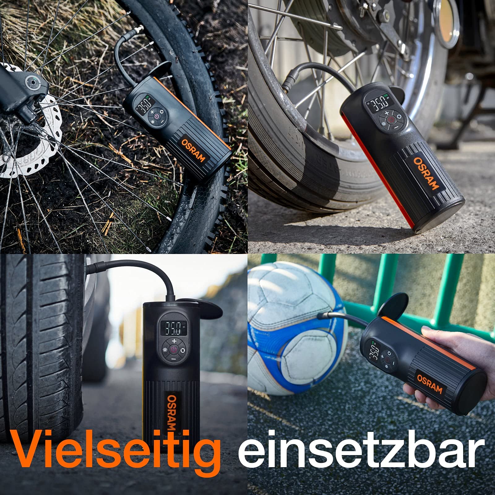 OSRAM TYREinflate 2000, kompakte wiederaufladbare Reifenpumpe mit LED Licht, tragbarer Kompressor für Reifen, Stromanschluss via USB, Reifenbefüllung in 2 Minuten
