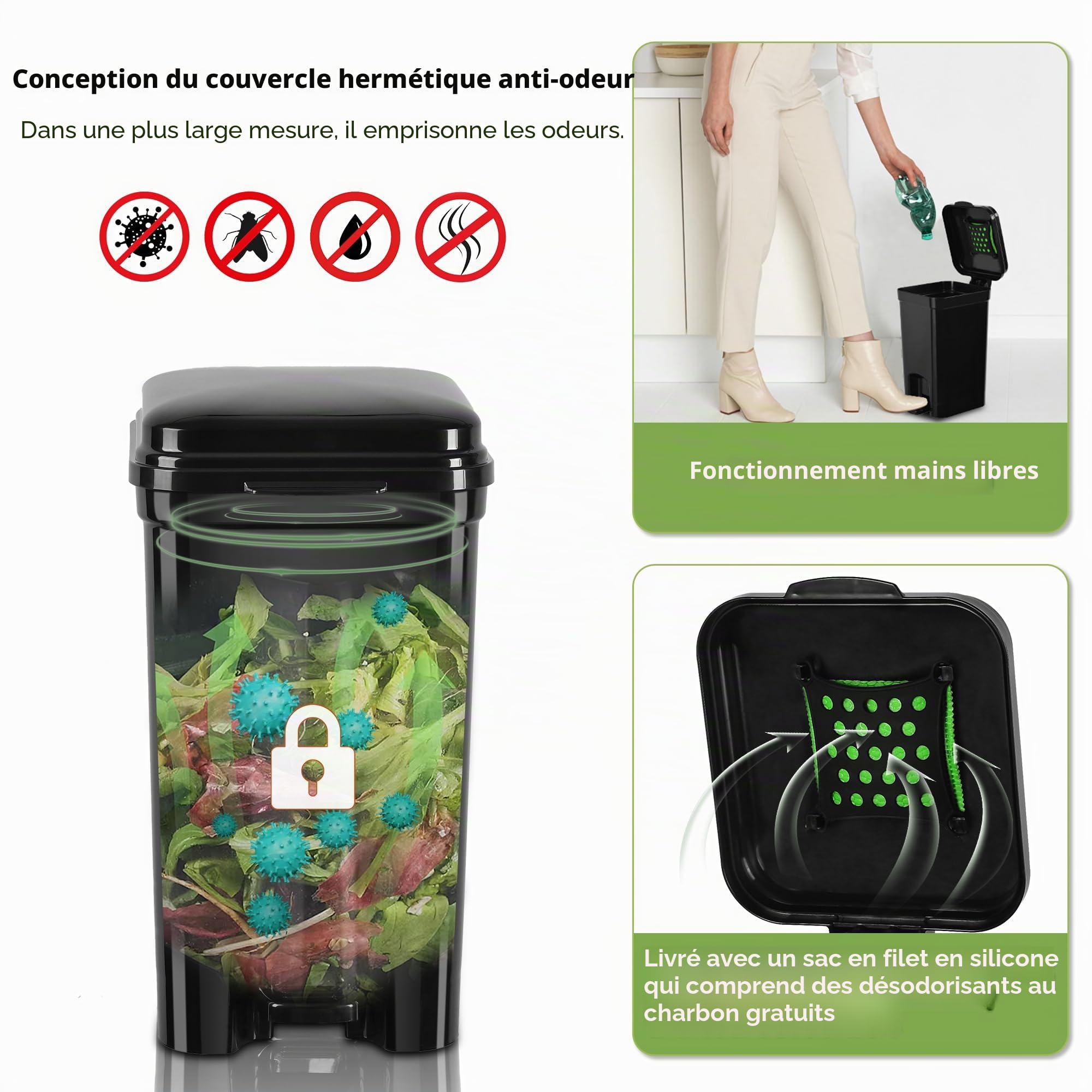 Poubelle à déjections canines et litière portable pour chat, matériau ABS entièrement noir, poubelle de 8 litres avec 20 sacs à déchets. ABS-BK