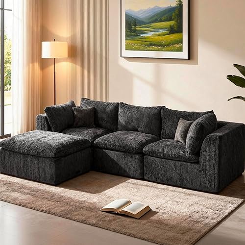 STHOUYN Sofá modular negro de 113 pulgadas sin hueso para sala de estar, sofá modular negro en forma de L con otomana, cómodo sofá esquinero grande