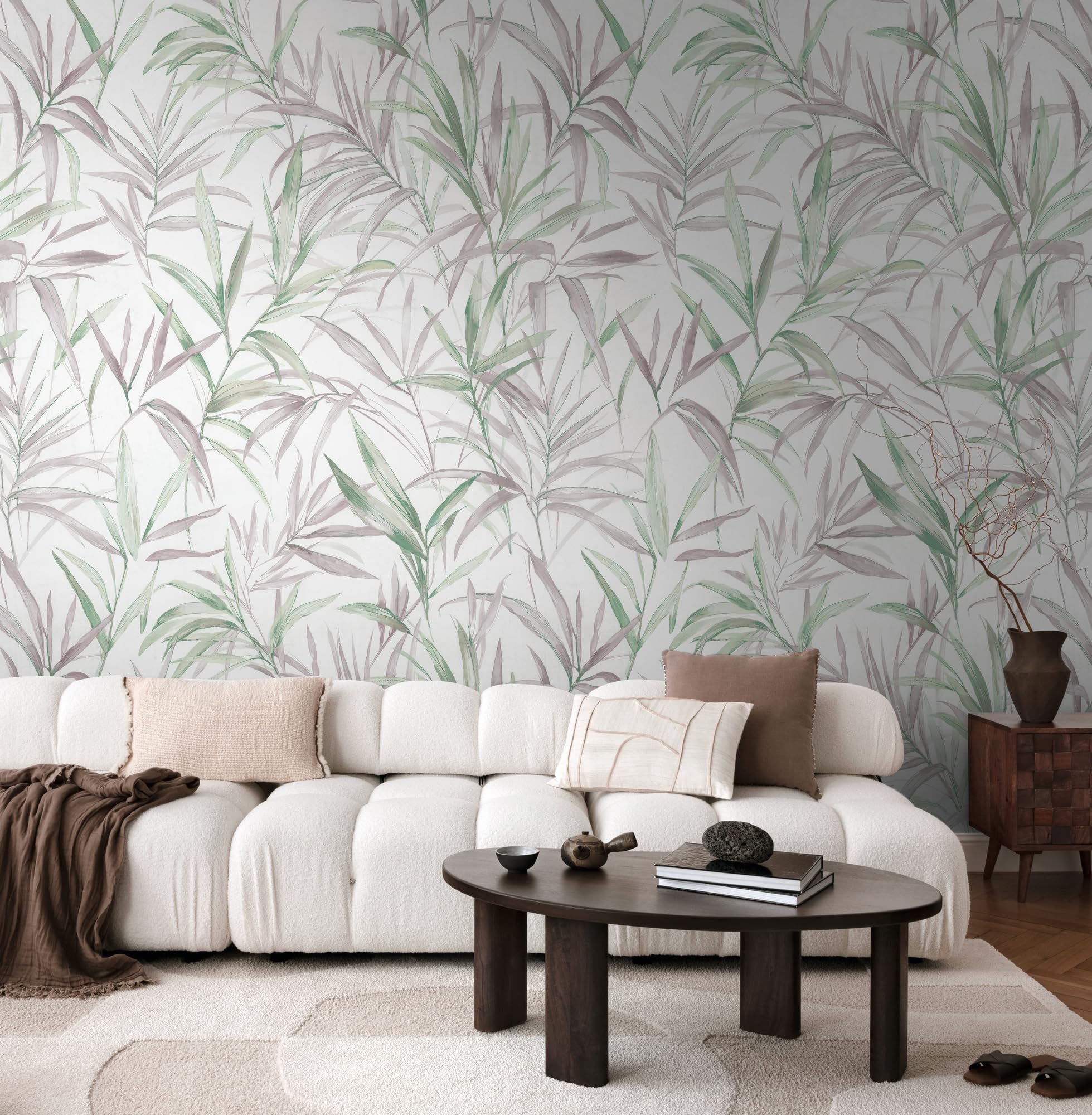 Livingwalls CosmoLiving Non-Woven Wallpaper with Leaf Design in Green, Purple, White – 8,80 x 0,53 m Floral Wallpaper by Cosmopolitan – 791452