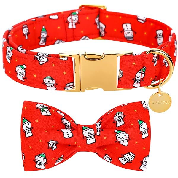UP URARA PUP Dog Collar with Bow Tie, Christmas Comfortable Cotton Dog Bowtie Collar, Snowman Collar for Medium Girl Boy Dog, Durable Metal Buckle Red Dog Collar Bowtie, M, Winter