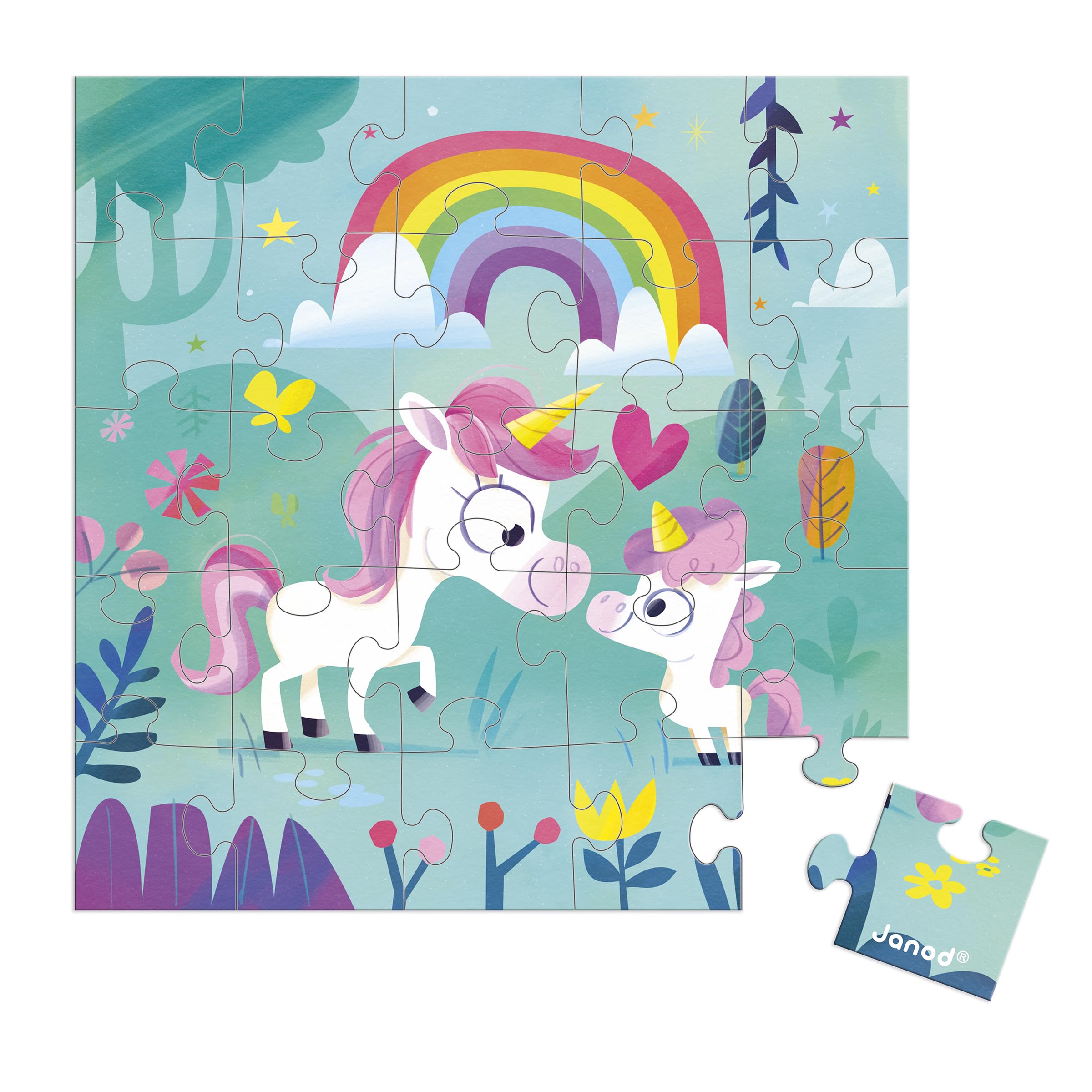 Janod - Biglietto di Auguri Puzzle - Biglietto Regalo Puzzle 25 Pezzi Famiglia unicorni - 1 Biglietto + 1 Busta - Ideale per Biglietti di Auguri, Biglietti di Compleanno - dai 3 Anni in su - 4