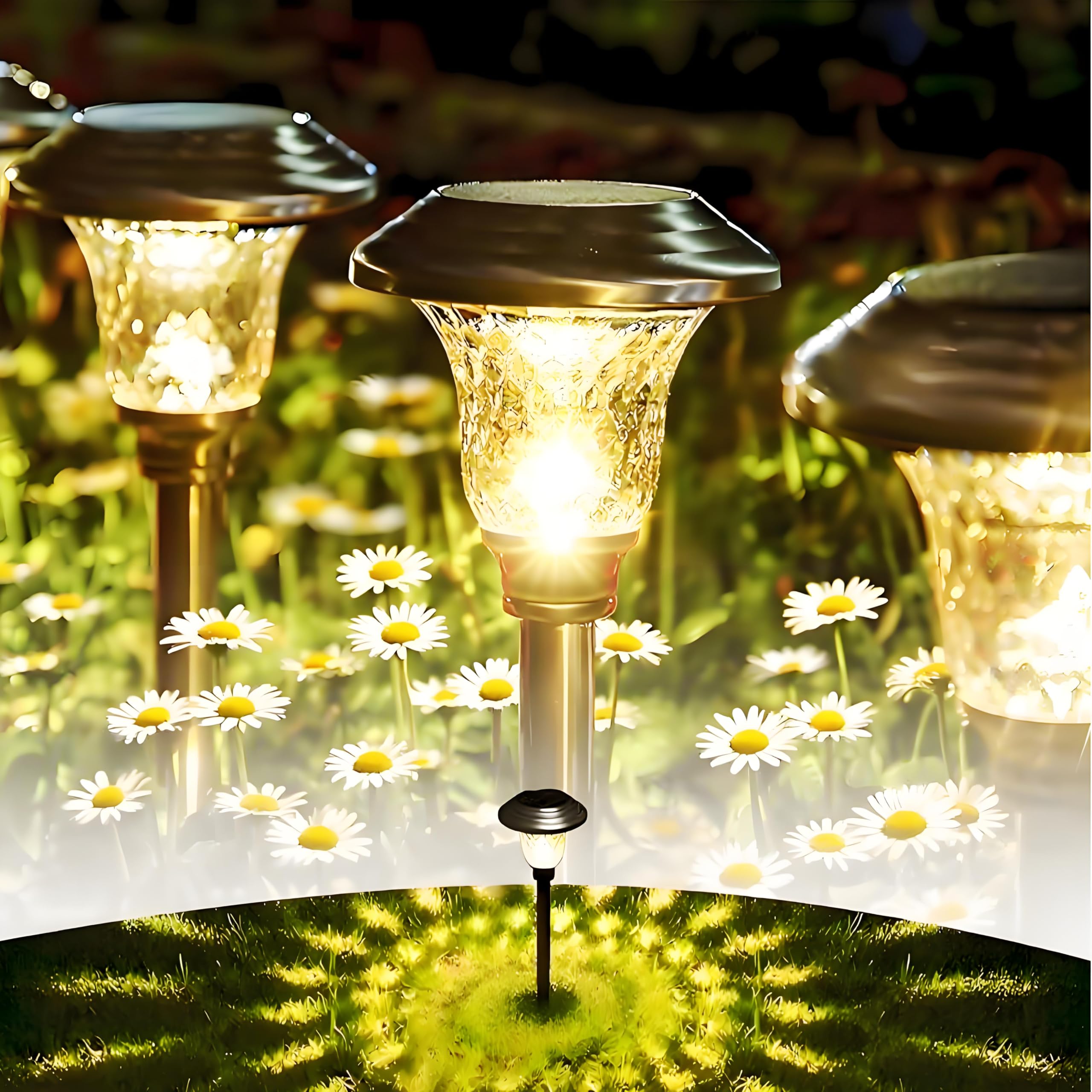 BEAU JARDIN 4 Pack Metal Garden Solar Lights Outdoor Christmas Decorations Waterproof 900mAh LED Solar Stake Glass Lens Stainless Steel Lights Outdoor Garden Stake Sun Powered Landscape Lawn