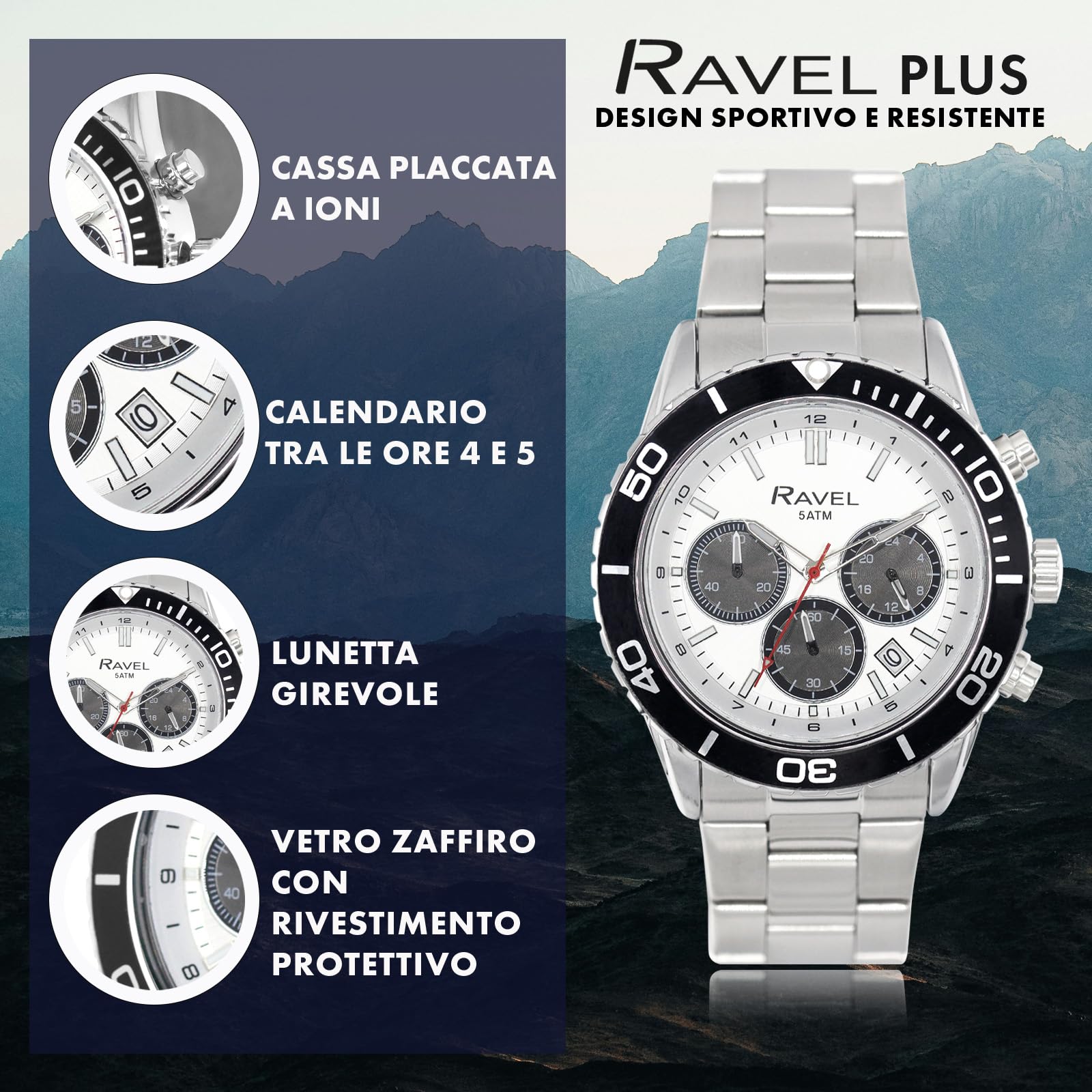 Ravel Plus - Orologio Sportivo da Uomo Cronografo Argento 42 mm con Lunetta Girevole Unidirezionale - 5ATM - Analogico Quarzo - RP.CHR-05-09
