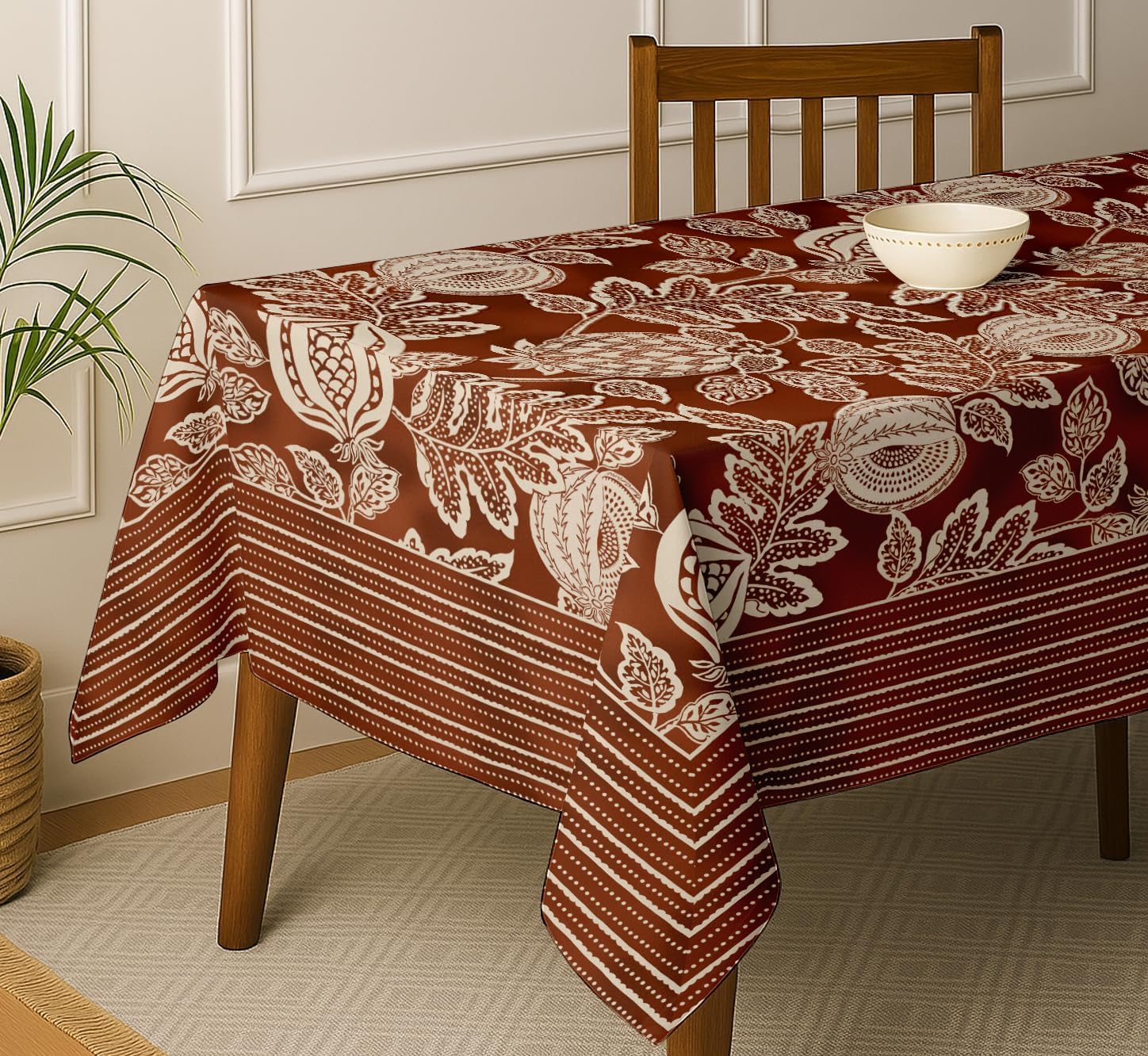 Leaves Design Tablecloth- Brown 60x60 Inch Cotton Twill Dining Table Cover, Perfect for 4 Seater Tables, Durable, Protective & Washable, Ideal for Everyday Use, Festive Occasions & Gathering