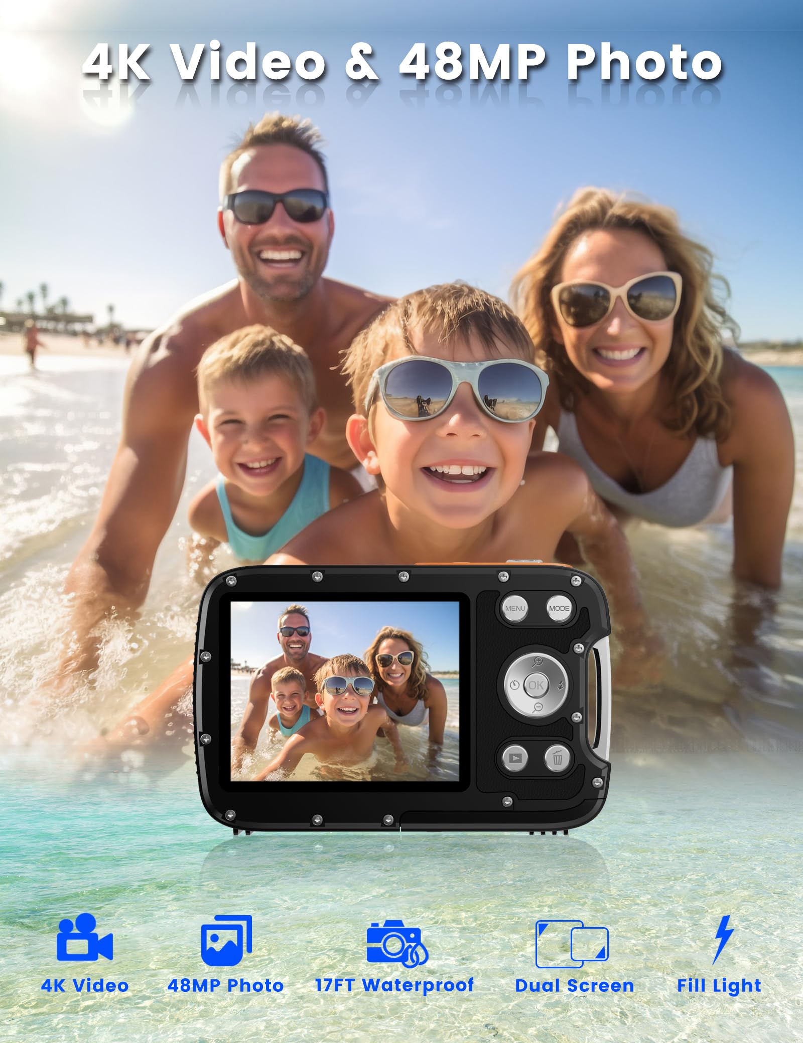 Unterwasserkamera 4K 48MP Autofokus Selfie Dual Screen Wasserdicht mit schwimmendem Gurt und 32GB Karte, 4,3 m kompakte wasserdichte Digitalkamera zum Schnorcheln