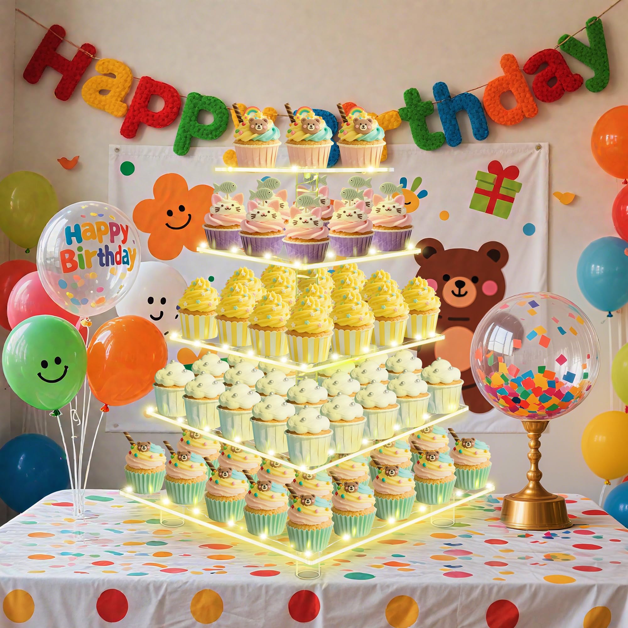 5-poziomowy stojak na babeczki, przezroczysta wieża na babeczki z lampkami sznurkowymi, duży kwadratowy uchwyt na babeczki, ekspozycja deserów na baby shower, przyjęcie herbaciane i wesele