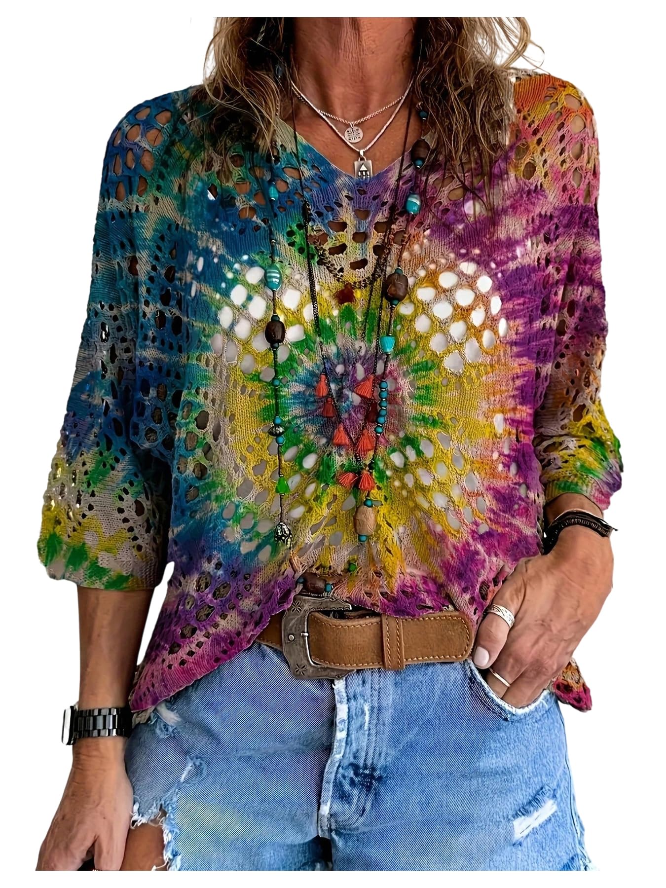 Women's Boho Tops Tie Dye Hippie Lightweight Sweater Beach Cover Up Crochet Tops-image-6