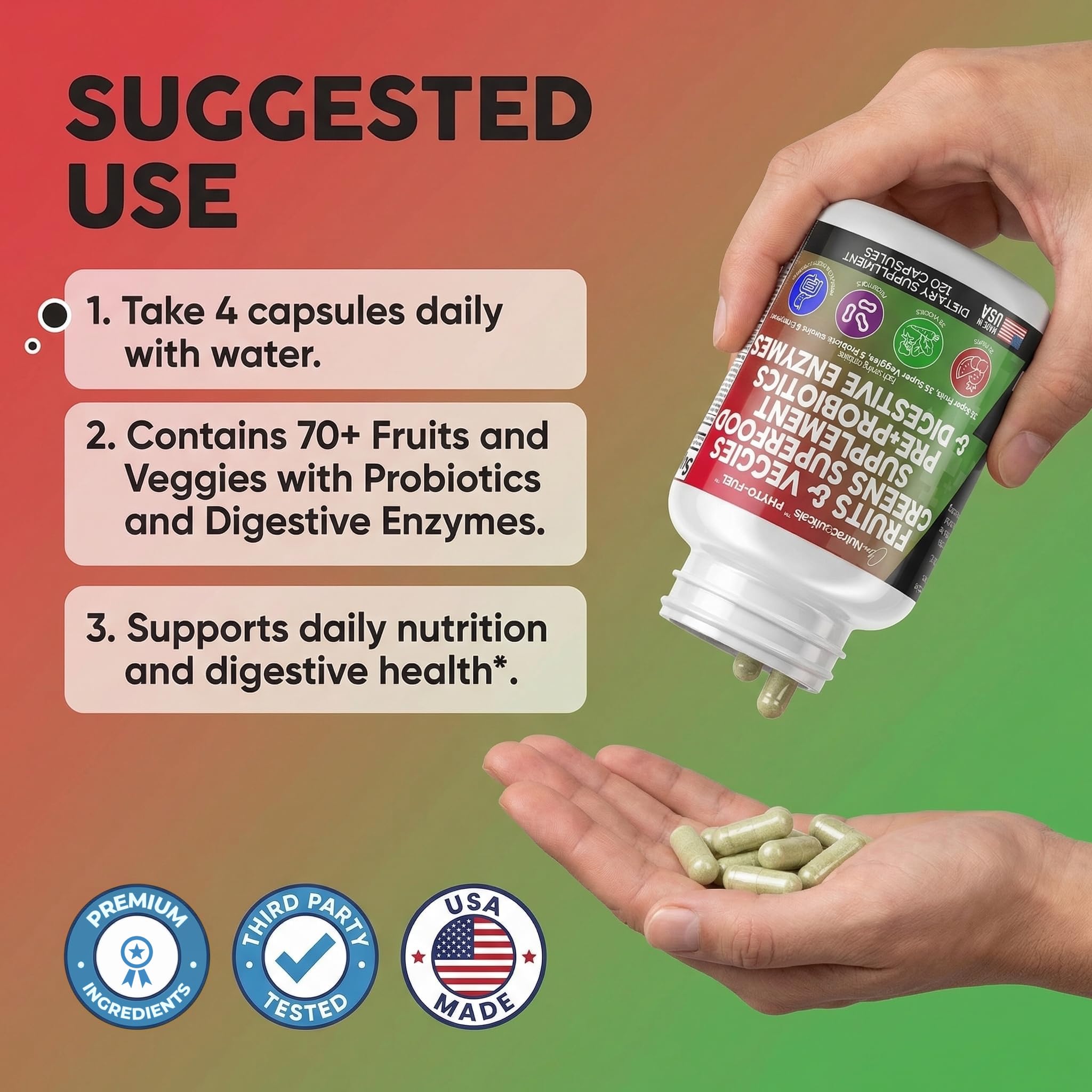 Clean Nutraceuticals Fruits and Veggies Supplement Reds & Green Superfood - Balance of Over 70 Fruit & Vegetable Supplements Capsules with Probiotics Prebiotics Digestive Enzymes - 120 Ct USA — Amazon image 6