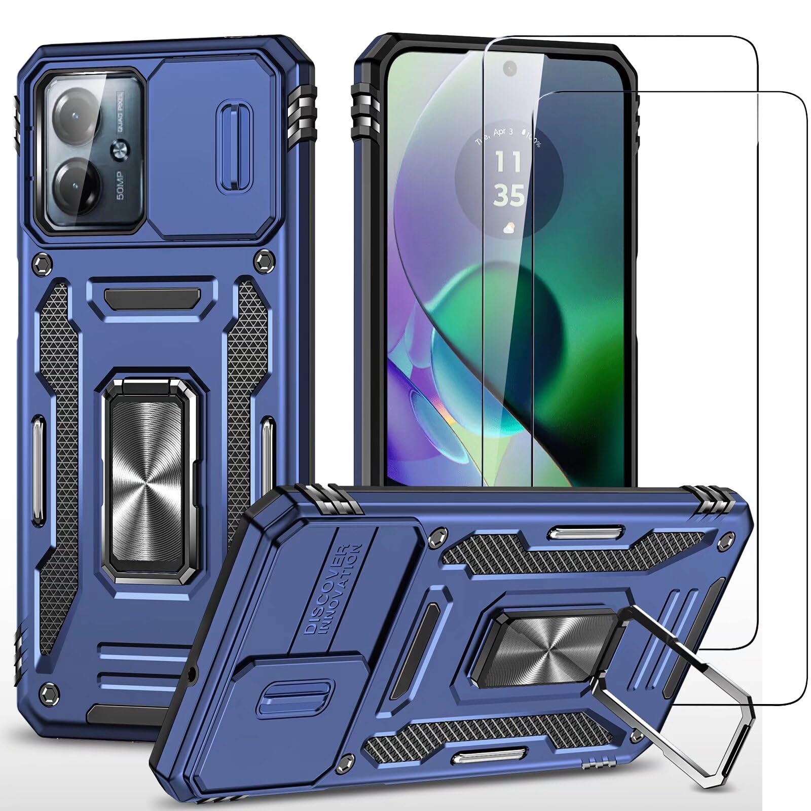 Coque YSONCHAN Pour Motorola Moto G54 – Bleu, Protection Antichoc Avec Anneau Rotatif 360° Et Cache-objectif Coulissant