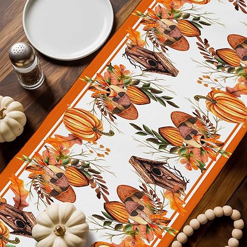 Miniatura 2 de T&amp;H XHome Camino de mesa de lino de 72 pulgadas de largo para Acción de Gracias, otoño, calabaza, naranja, acuarela, para fiesta, comedor, aparador,