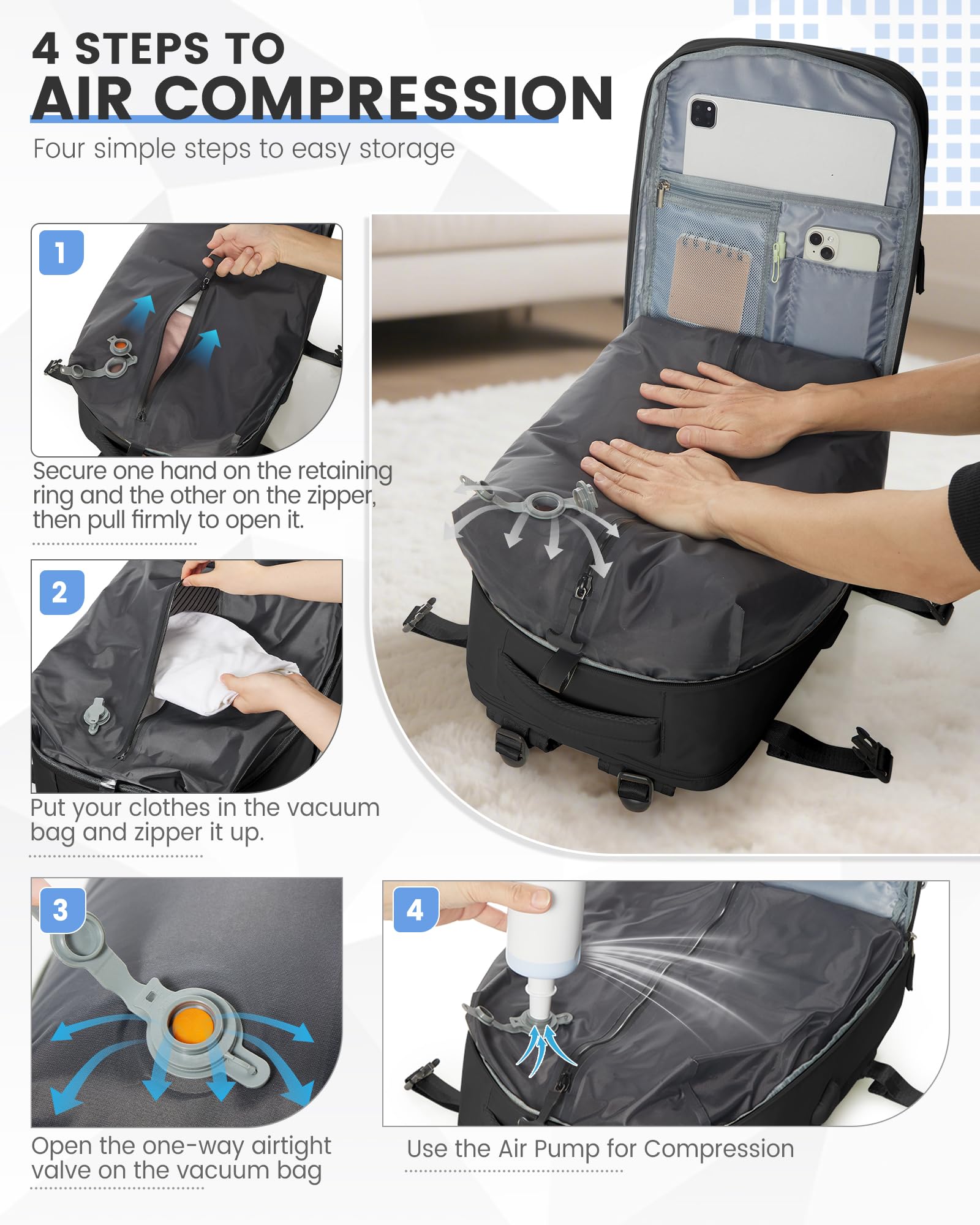 Zaino Sottovuoto da Viaggio con Pompa, Borsa da Cabina per Easyjet Bagaglio a Mano Impermeabile Lavoro e Scuola Trekking Casual Daypack per 15.6" laptop,M1-nero