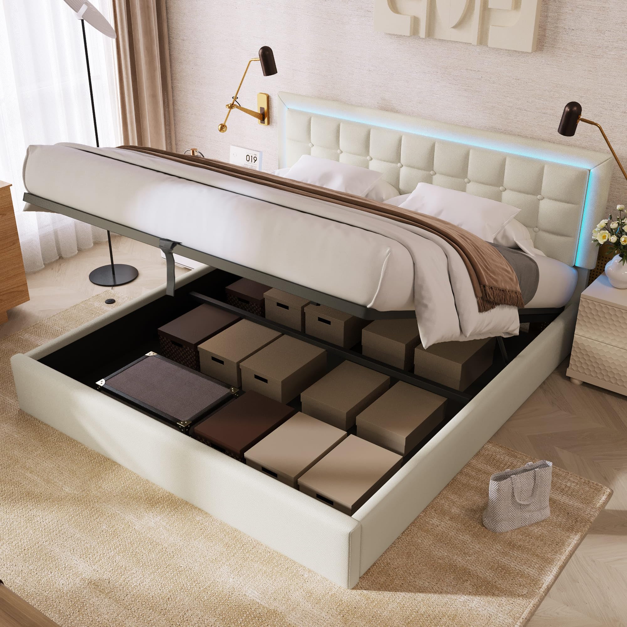 HYUB Gestoffeerd bed, 180 x 200 cm, met bedlade en lattenbodem van metalen frame, hydraulisch opbergbed, tweepersoonsbed met rugleuning, onderbed met vuilafstotende vliesstof, zonder matras