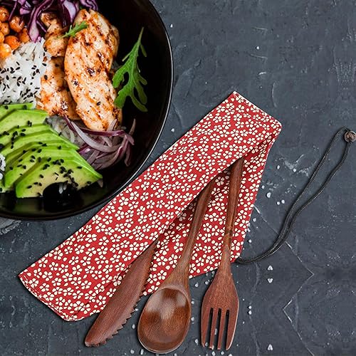 Miniatura 5 de Juego de cubiertos de madera, utensilios de cocina, incluye cuchara de madera, tenedor, cuchillo con bolsa de almacenamiento