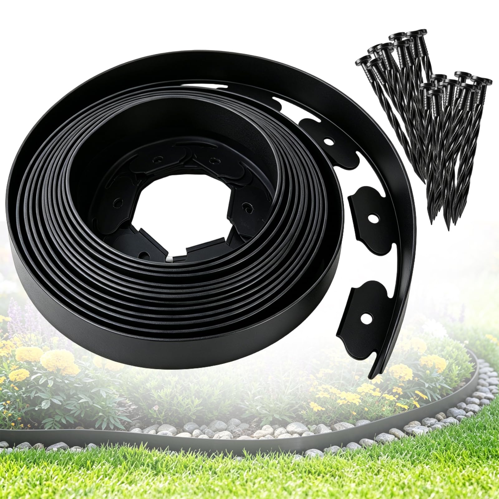 Garden Edging Border, 10m Plastic Lawn Edging Border 5cm High with 30 Reinforced Pegs, Flexible Landscape Fence Grass Edging for Paths, Yard and Flower Beds, Black