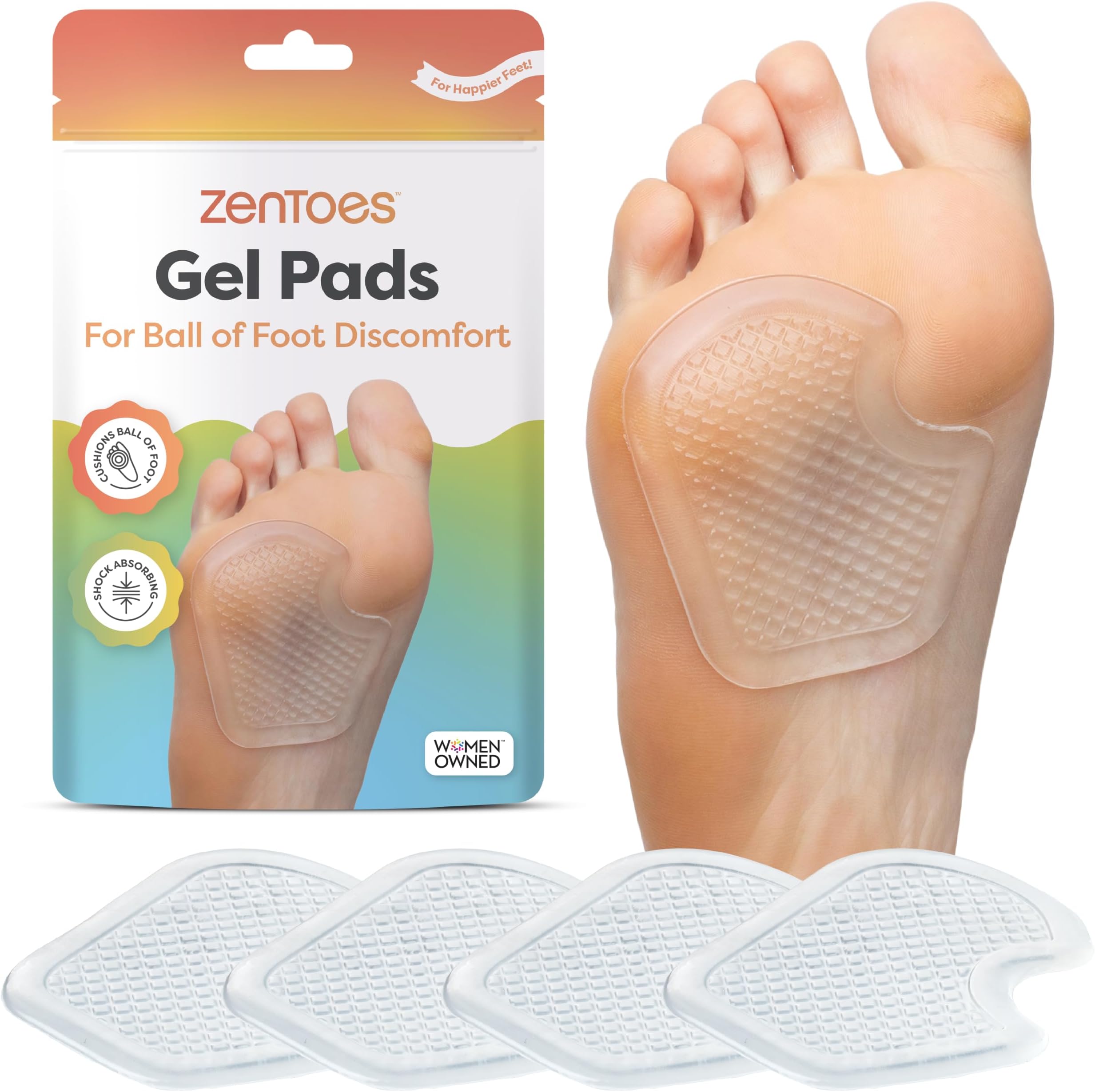 ZenToes Metatarsal Pads Women, Ball of Foot Cushions, Heel Inserts for Women, Shoe Inserts for Morton's Neuroma and Sesamoiditis Support, Metatarsalgia Foot Pads, 2 Pairs | Cushioning for Morton's neuroma, sesamoiditis & metatarsalgia. Slim fit in flats, heels & dance shoes