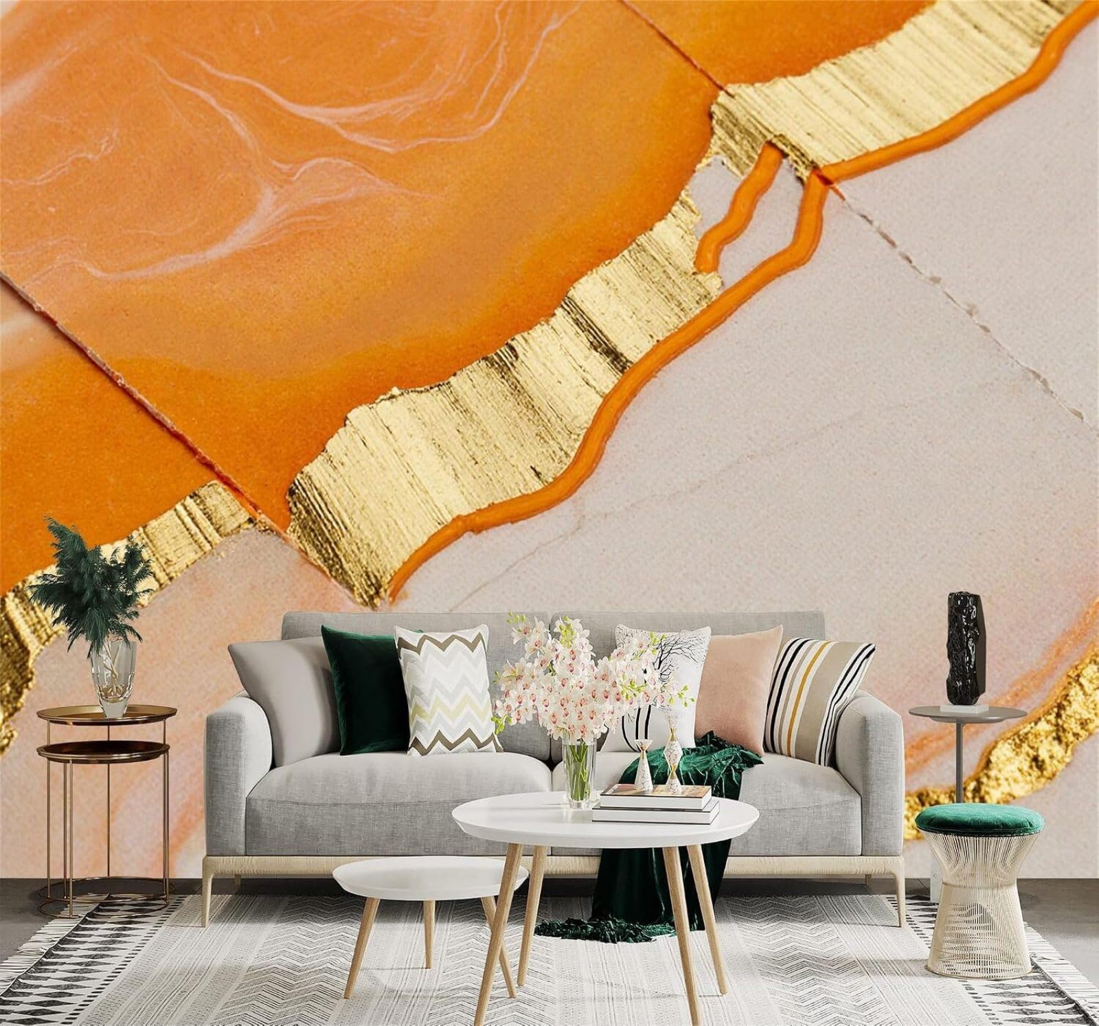 Carta da Parati 3D Astratto Marmo Arancione Decorazioni In Foglia D'Oro