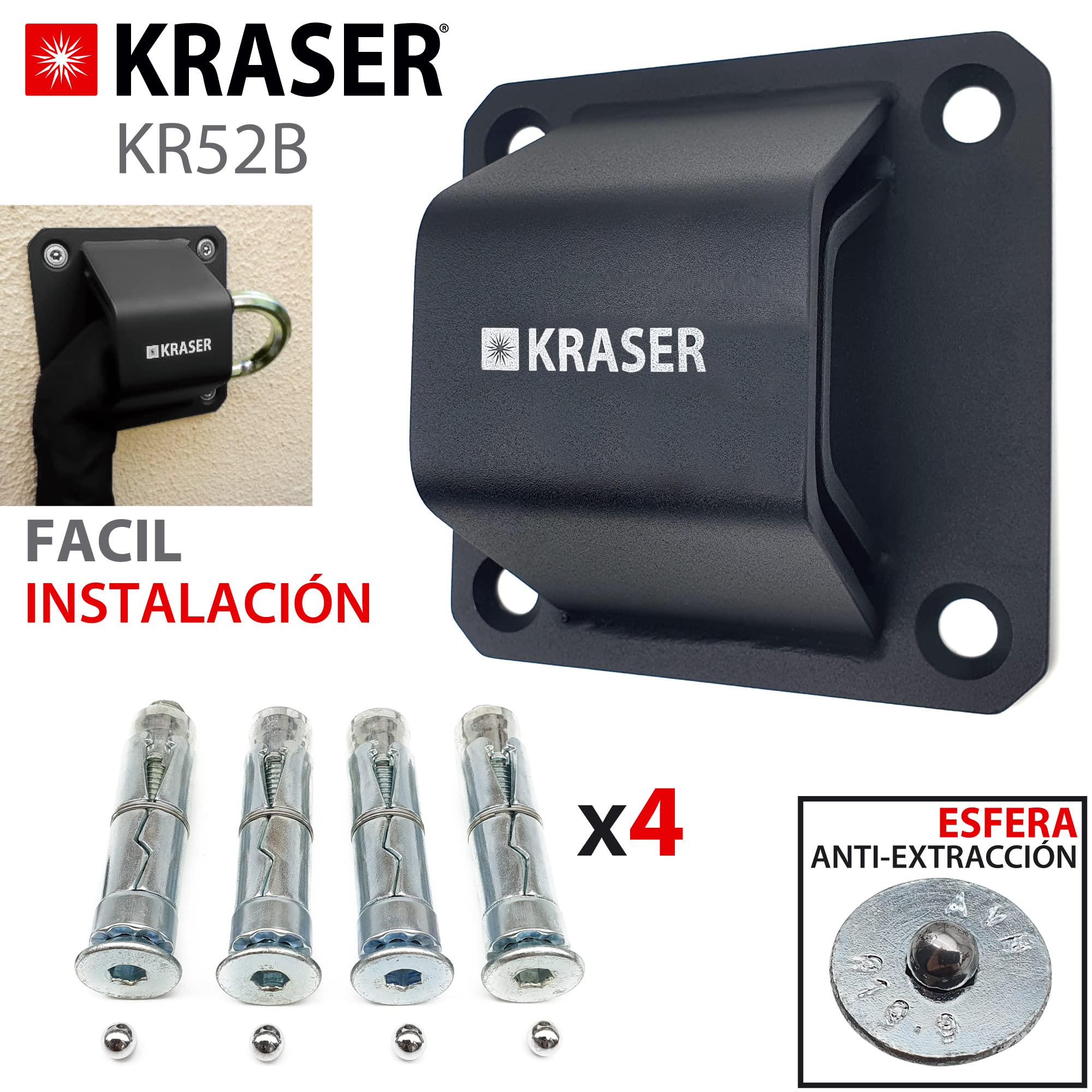 Kraser KR52B Anclaje Suelo de Doble Puente Anti-Ataque, Alta Seguridad,Tacos con Bola Anti-Extracción, Acero Alta Resistencia, Antirrobo Seguridad Universal para Anclar Moto Suelo Pared Garaje Parking