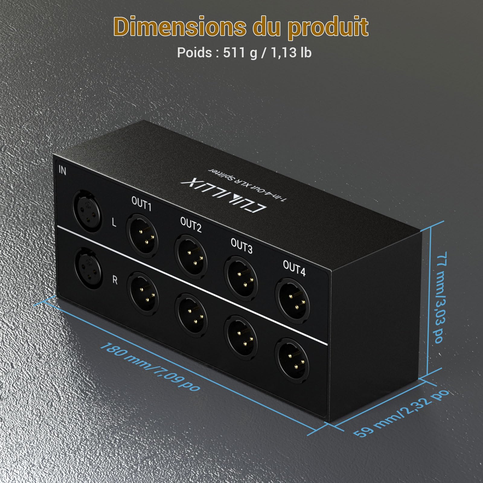 Cubilux Diviseur Audio Stéréo XLR 4 Voies, Convertisseur Audio Balancé 1 Femelle vers 4 Mâles, Boîte Diviseuse 4 Canaux 1 Entrée 4 Sorties