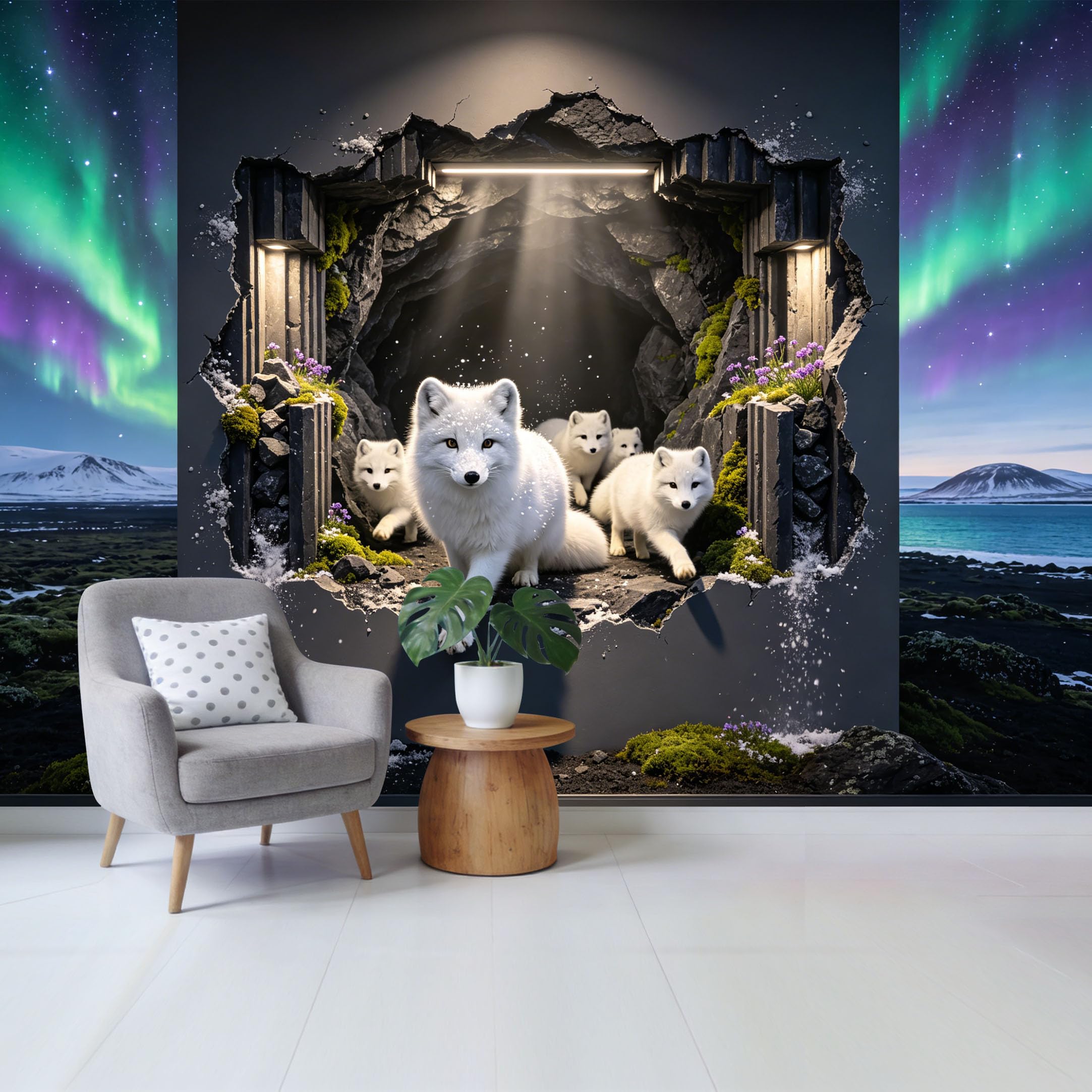 Custom Size Wall Mural Arctic Fox Family in Snowy Cave Northern Lights 3D Trompe L'Oeil Removable Self Adhesive Fabric Home Wall Decor for Living Room Bedroom Bathroom