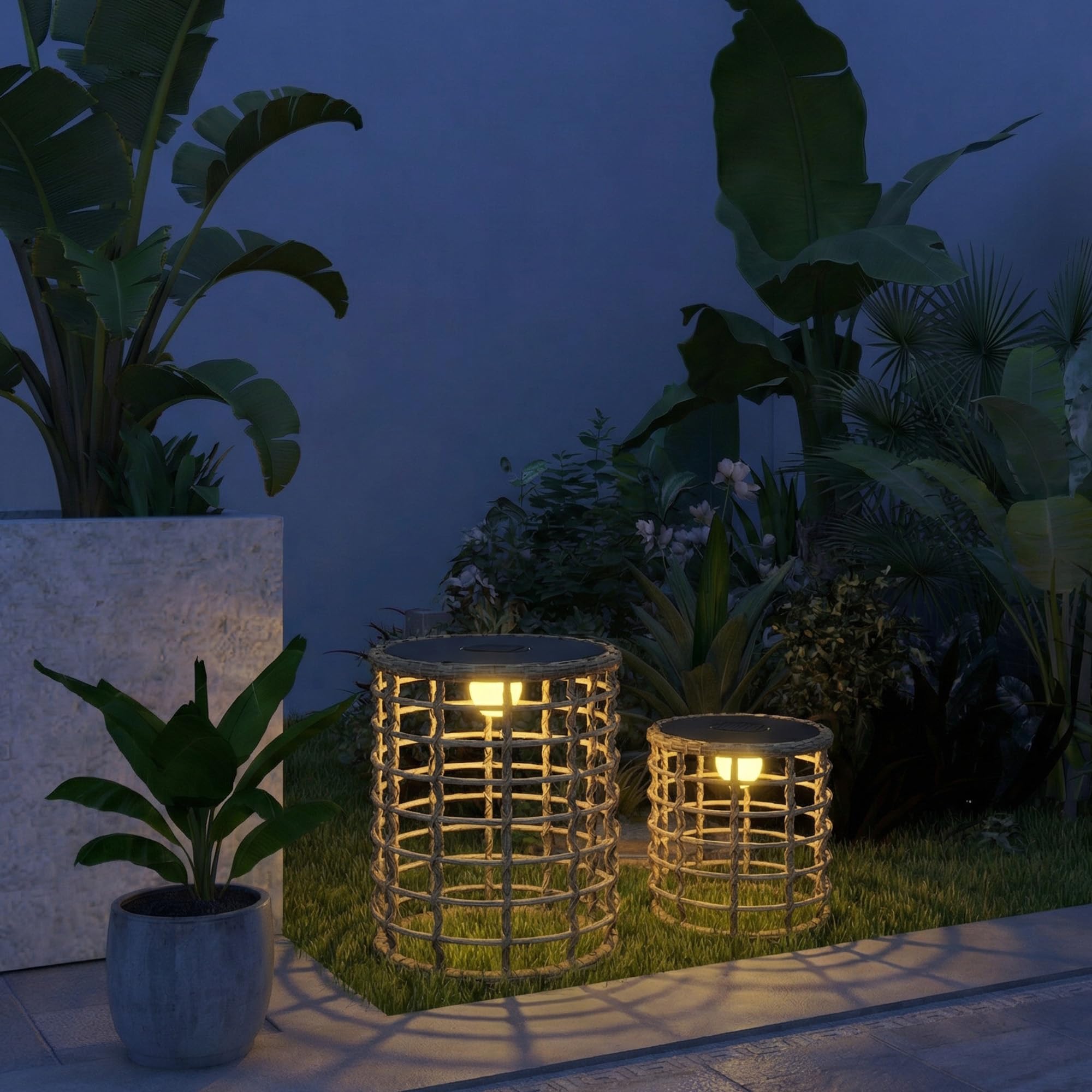 Outsunny Set di 2 lampade solari a energia solare in rattan con sensore di luce, lampada solare a LED in stile boho, IP44, impermeabile, per giardino, balcone, esterno, prato, cortile