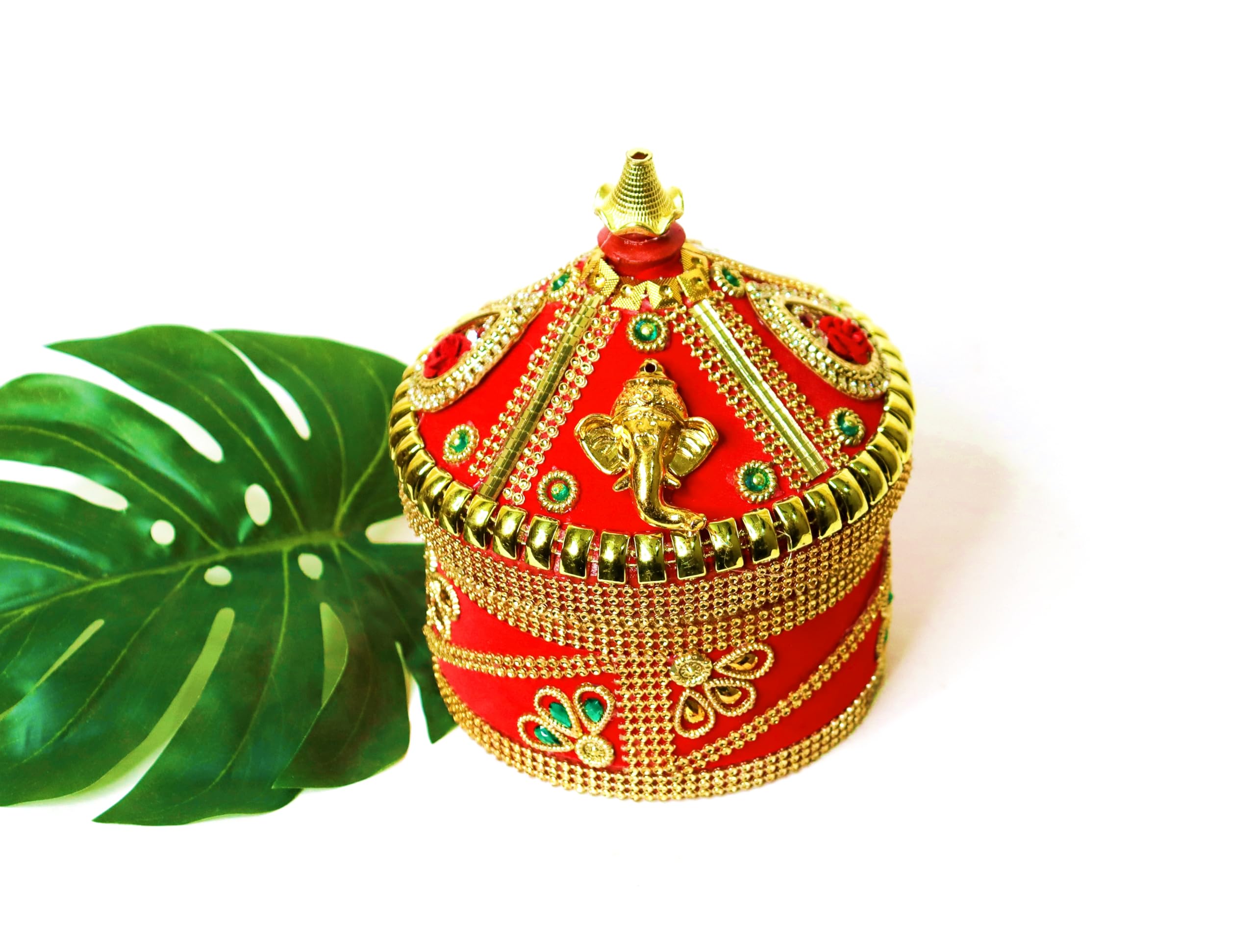 Fully Embellished Velvet Sindhora With Ganesh Ji Idol For Indian Wedding,Multicolour,16cm Height, 300gm Capacity-image-33