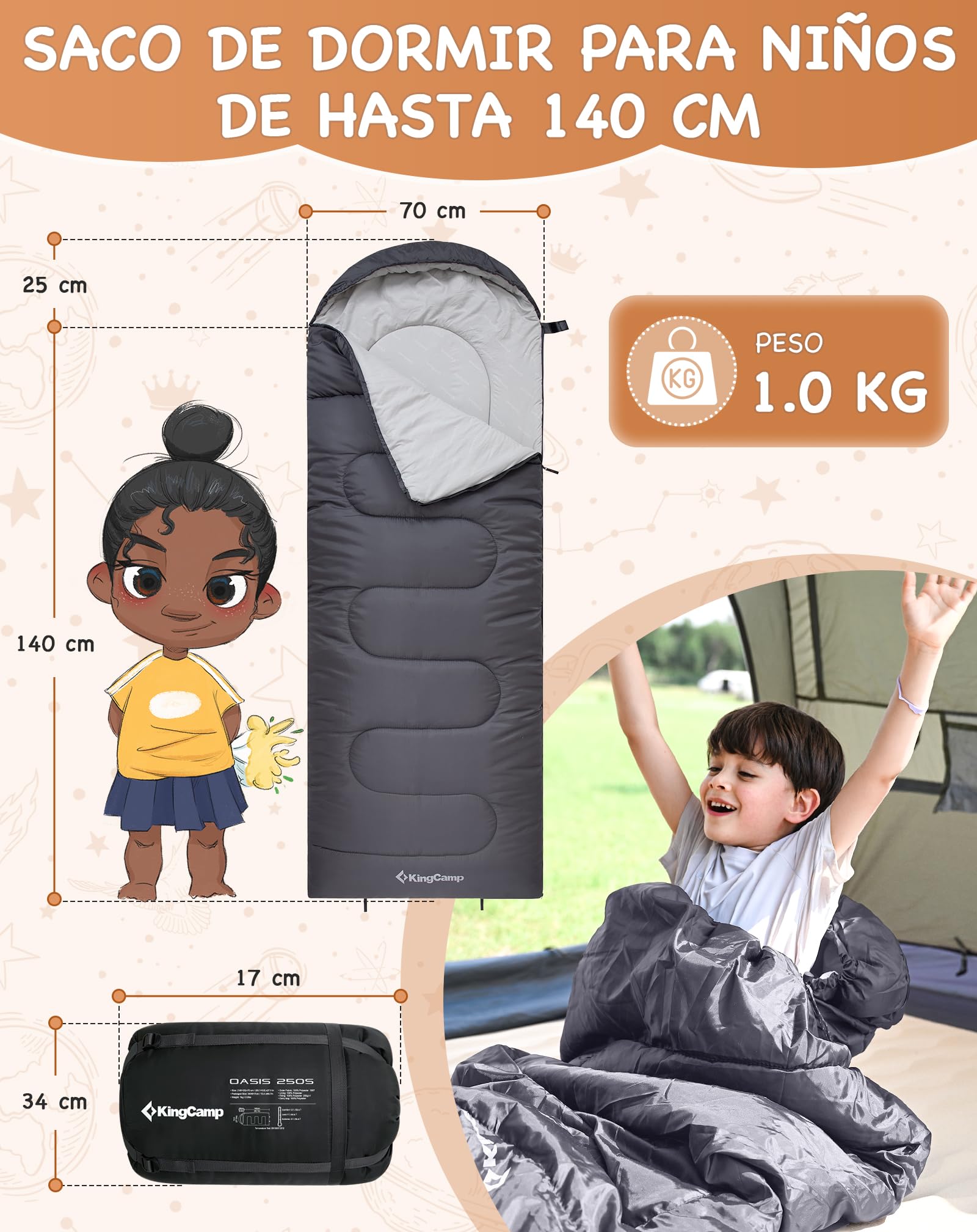 KingCamp Saco de Dormir Oasis 3-4 Estaciones Impermeable y Ligero para Camping (Niños y Adultos) - Conectable Izquierda/Derecha para Saco Doble, Ideal para Viajes y Actividades al Aire Libre