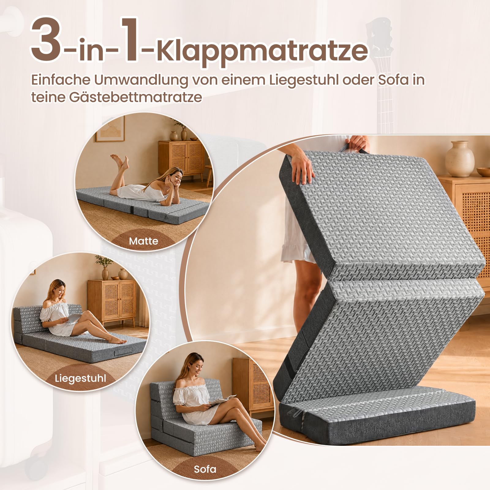 Faltmatratze 75x195x10cm, 3-in-1 Schlafsofa Gästebett Klappbar