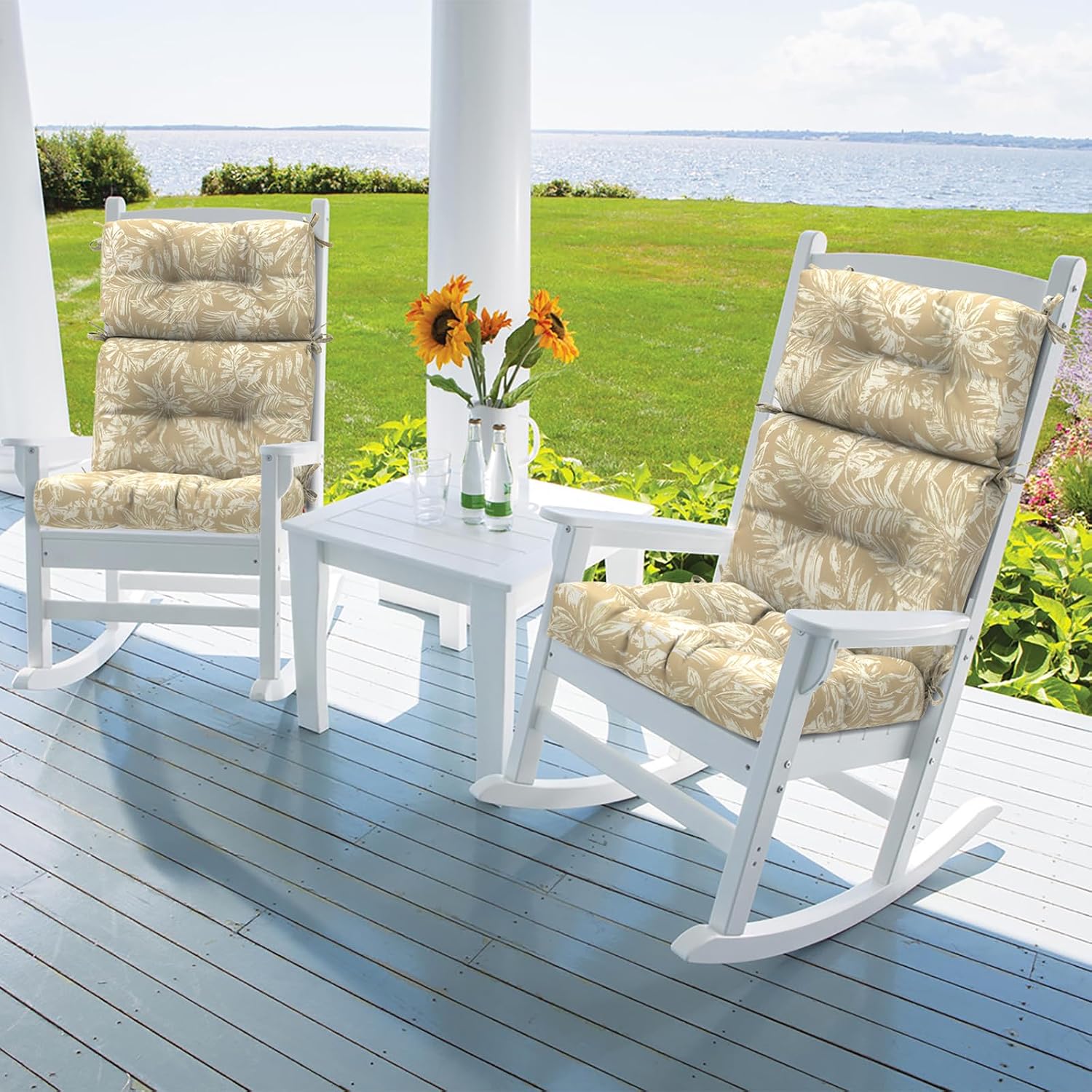 dytxiii outdoor high back chair cushions set of 2, water repellent tufted rocking seat cushions replacement 44 x 22 inch, seat & back chair pads for patio, balcony and indoor use -tropical leaf oat