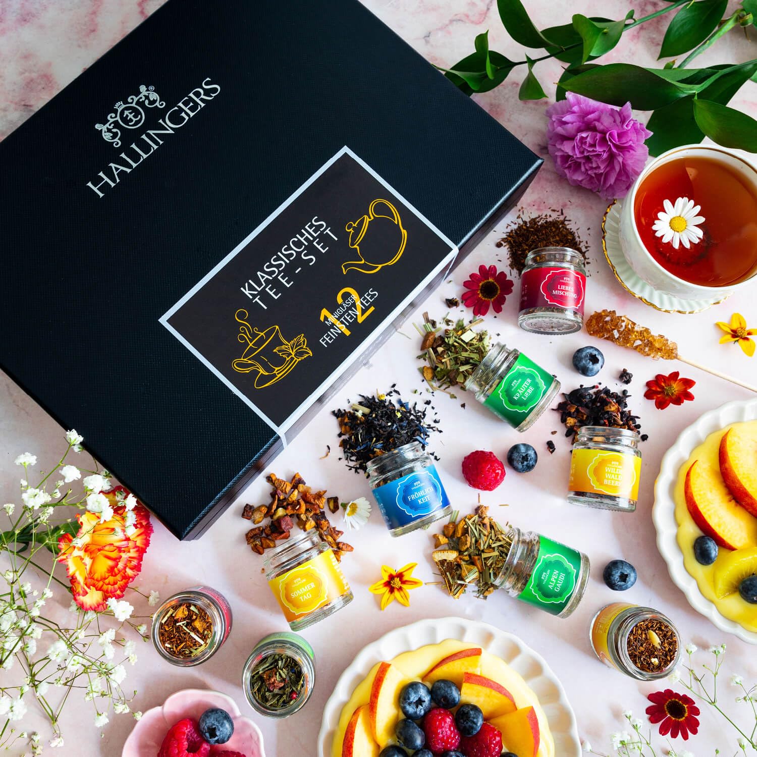 Hallingers Genuss Manufaktur Tee Geschenk-Set 12 Sorten Premium Loser Tee Probierset Geschenkbox