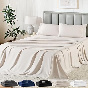 Twin Size 3 Piece Sheet Set with Embroidered Pillowcase, Ultra-Soft Microfiber Comfy Breathable & Cooling Bed Sheets, Deep Pocket Fitted Sheets and Hotel Luxury Cozy Flat Sheets, Beige