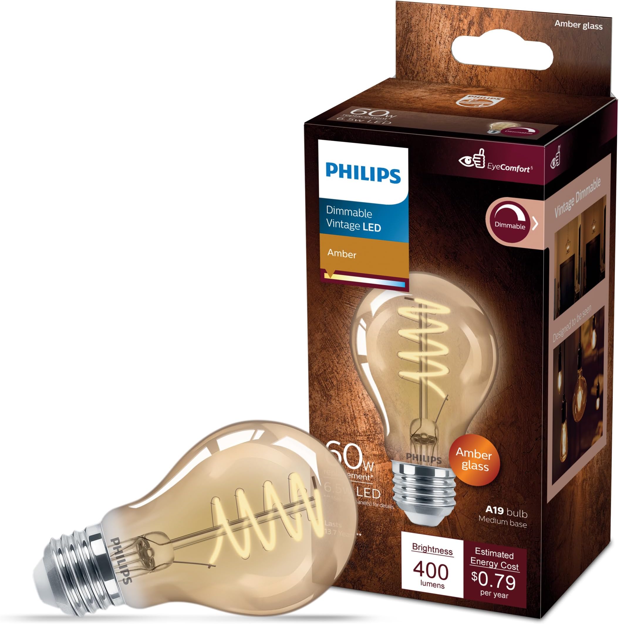 PHILIPS LED 60W A19 1-Pack Vintage Edison Spiral Amber (2000K) 400 Lumen (6.5W = 60W) Dimmable Flicker-Free Light Bulb