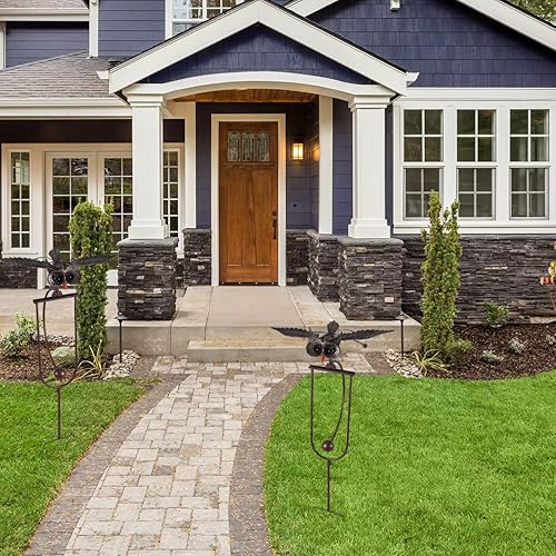 Miniatura 7 de DlbvFoy Escultura cinética de metal Magic OWL, arte de jardín, pájaro que aletea grandes adornos de viento, búho volador, arte de jardín, estacas