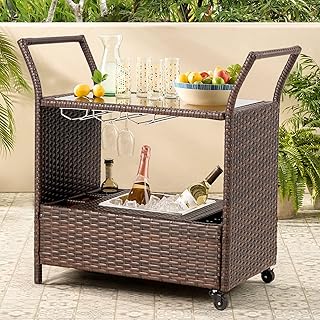 Vicluke Outdoor Wicker Bar Cart with Removable Ice Bucket, Rattan Bar Serving Cart with Glass Holder and Wheels, Beverage ...