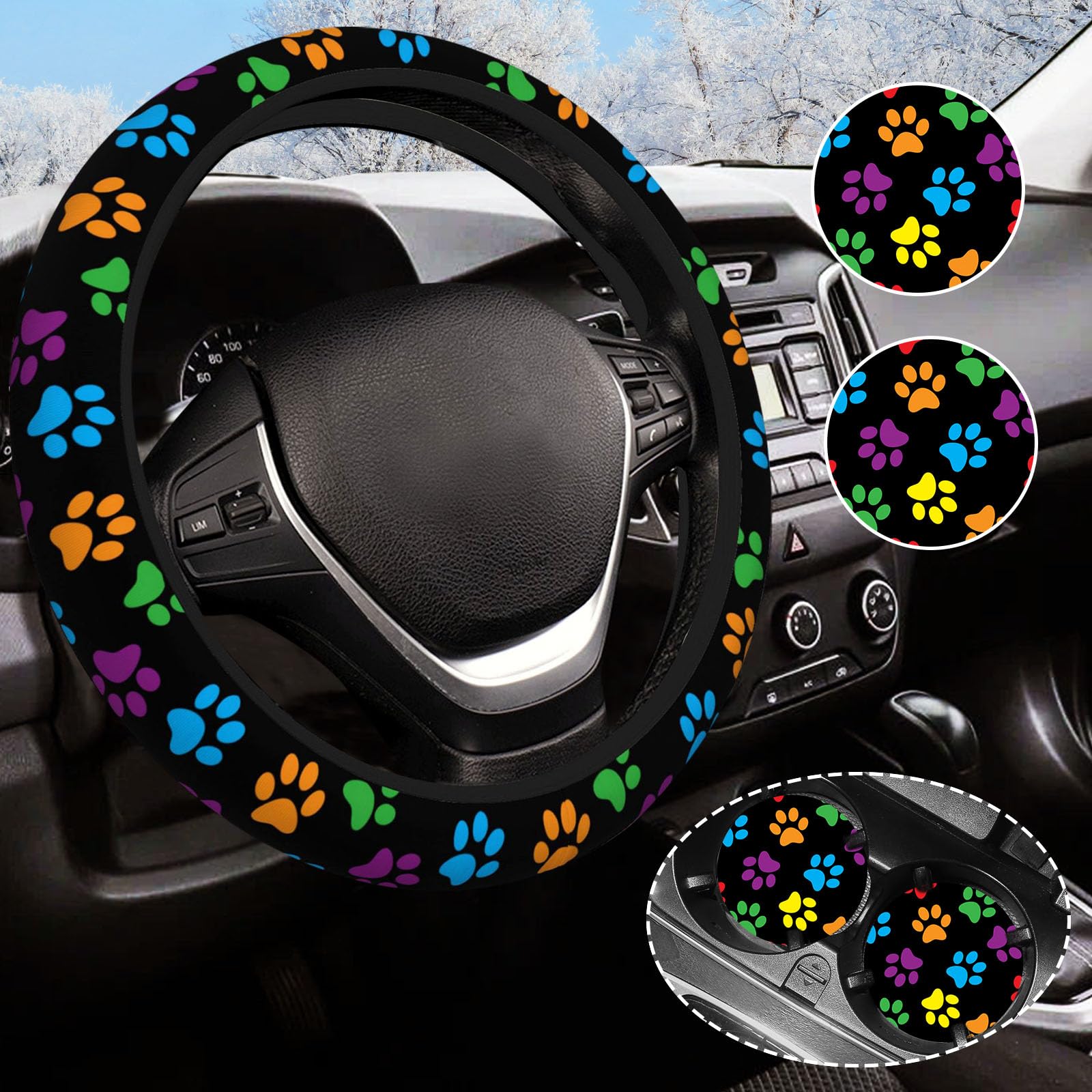 Paw Print Steering Wheel Cover Anti-Slip and Practical 14.5-15 Inch Universal Car Steering Wheel Cover with 2 Pieces Car Coasters Suitable for Men