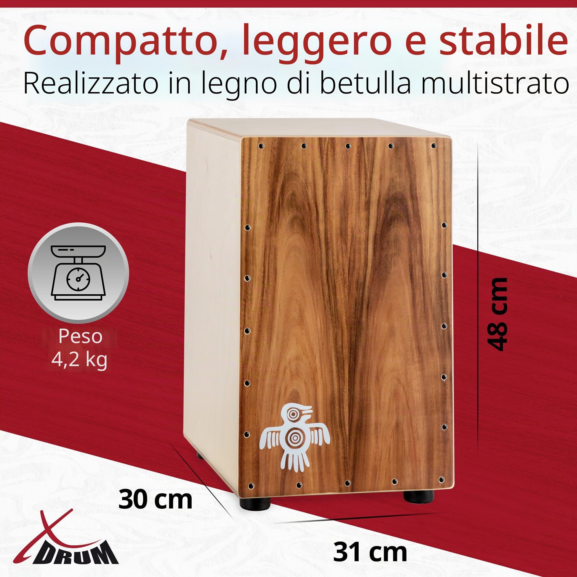 XDrum Cajon Peruana Koa, Piastra da battuta da 3 mm in koa, 5 cm, 2 kg | Suoni di basso e rullante molto differenziati e presenti, Corpo in betulla da 9 mm (7 strati), Clap corners regolabili, 5 cm