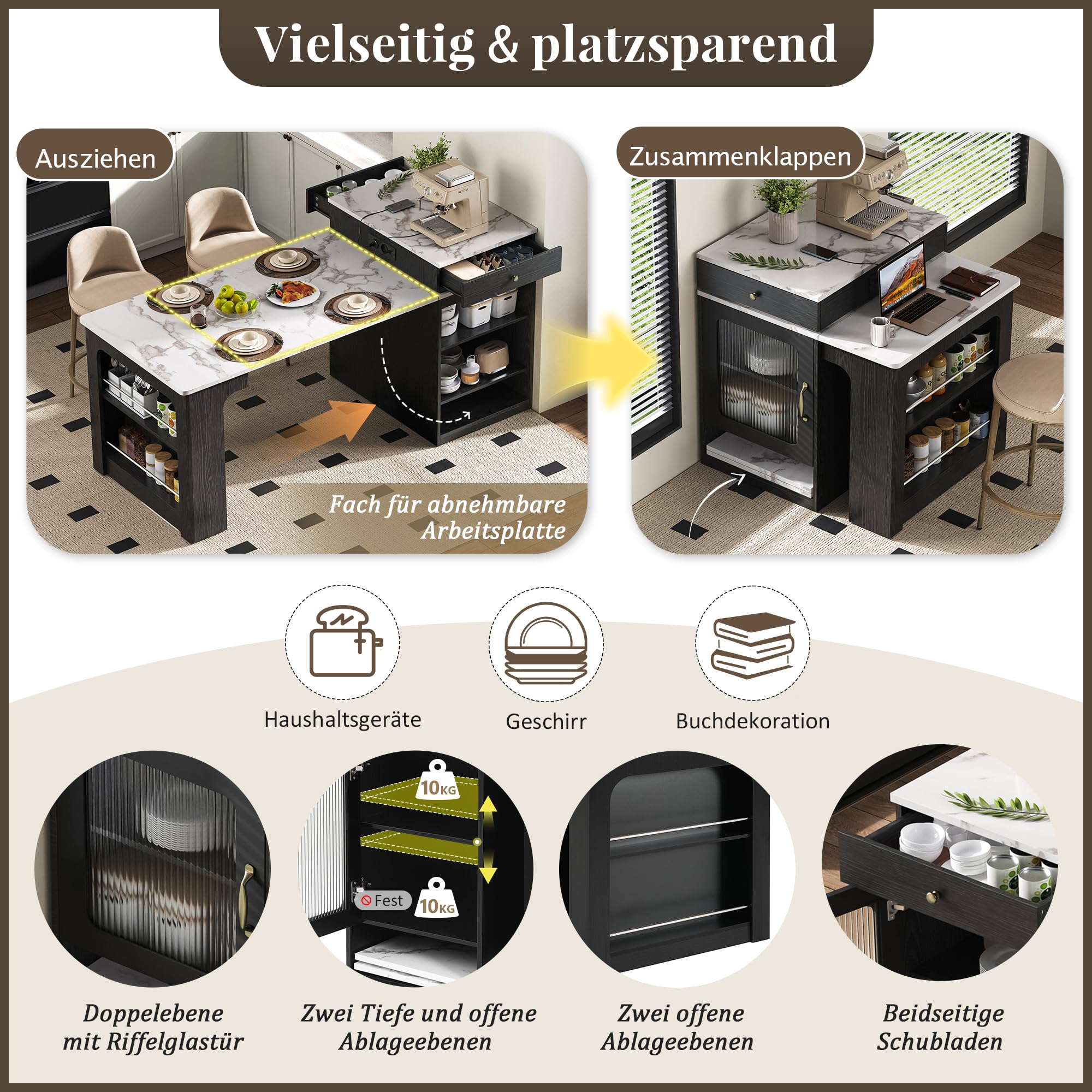Isola da cucina su ruote, con tavolo da pranzo estraibile e ciabatta presa, tavolo da bar con piano rimovibile, carrello da cucina con vano portaoggetti, credenza e credenza per cucina e sala da