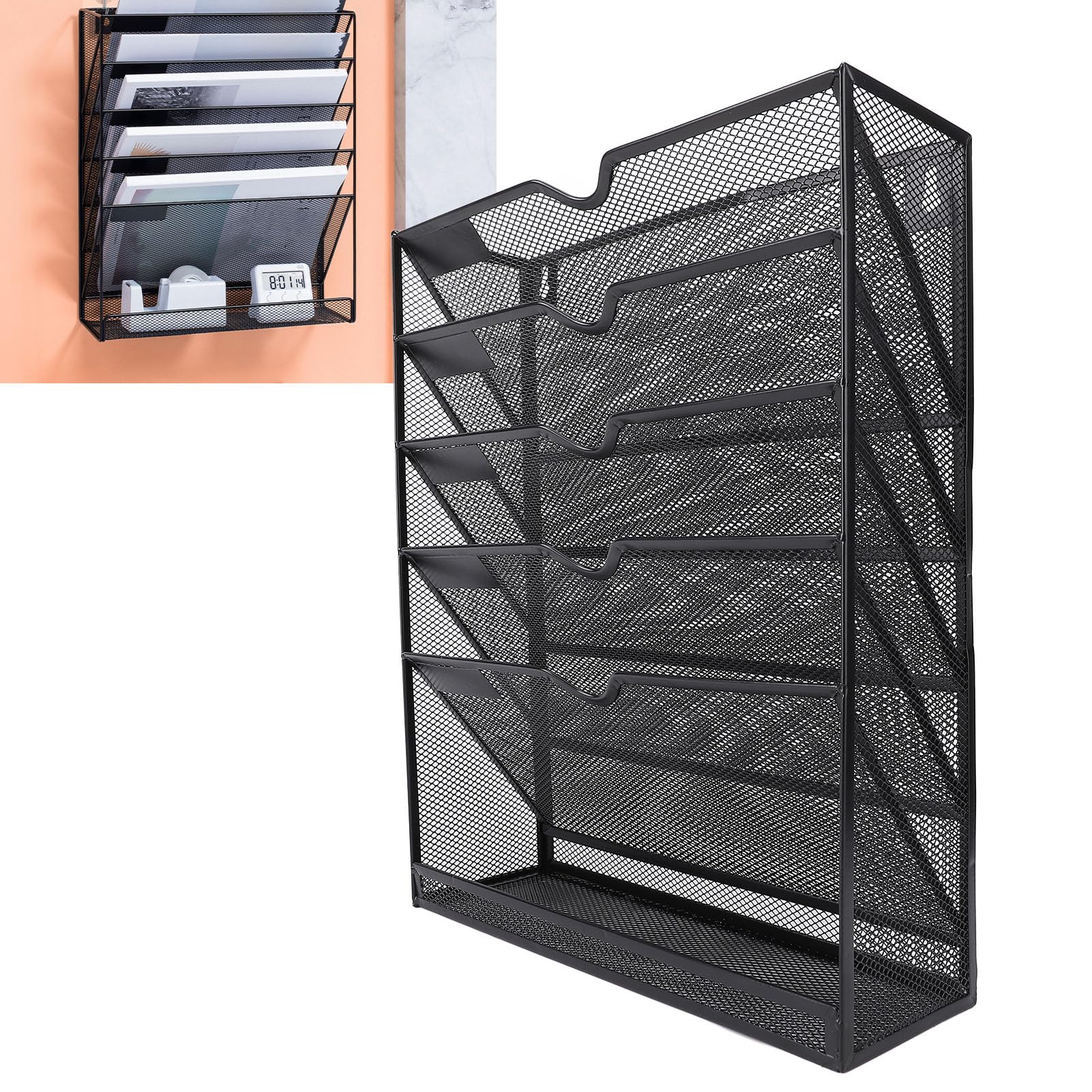 Organizador de Archivos de Montaje de Pared de 6 Niveles - Soporte de Carpeta de Colgantes de Metal Pesado para el Hogar/oficina | Diseño Vertical que Ahorra Espacio con 5
