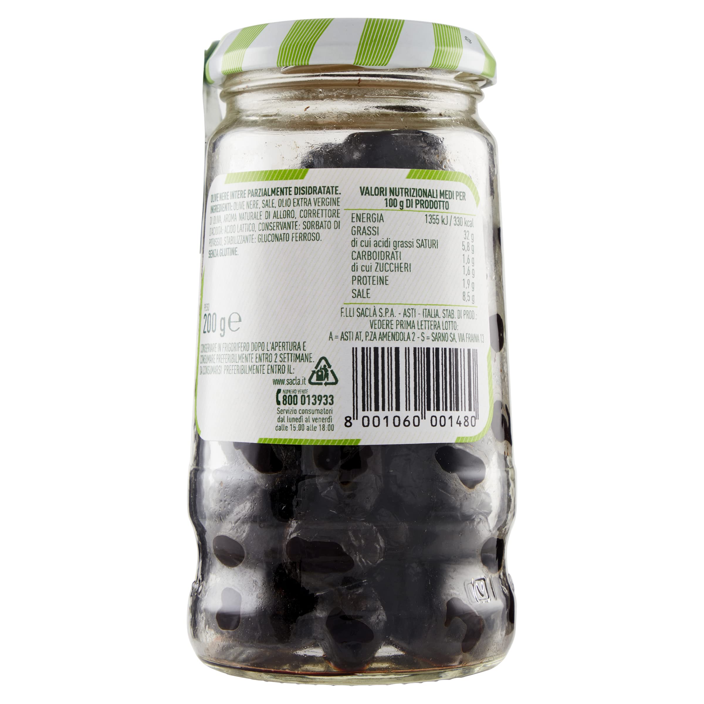 Saclà, OlivOlì, Olive Nere Toste, Ideali per Insalate e per Arricchire i Tuoi Piatti, Vaso Vetro, 200g, Confezione da 12 pezzi