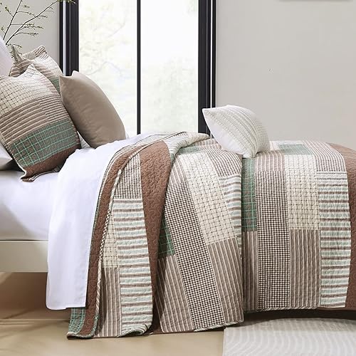 Vista 17 de Finlonte Juego de edredón tamaño King, colcha a rayas marrón, verde, beige, edredón reversible ligero para todas las estaciones, 3 piezas